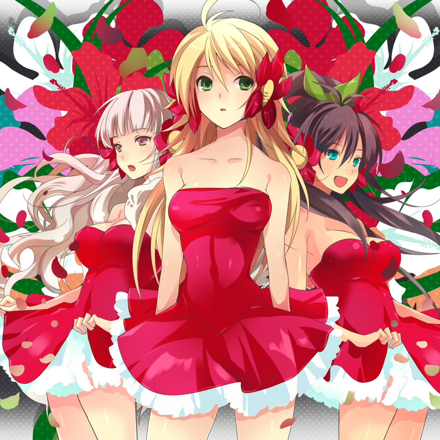 taira tsukune, ganaha hibiki, hoshii miki, shijou takane, idolmaster, idolmaster (classic), idolmaster sp, silver hair, bad id, bad pixiv id, highres, 00s, 3girls, :o, ahoge, aqua eyes, bare shoulders, black hair, blonde hair, breasts, clothes lift, cocktail dress, dress, dress lift, flower, green eyes, hair flower, hair ornament, large breasts, long hair, multiple girls, petals, ponytail, purple eyes, strapless, strapless dress, very long hair