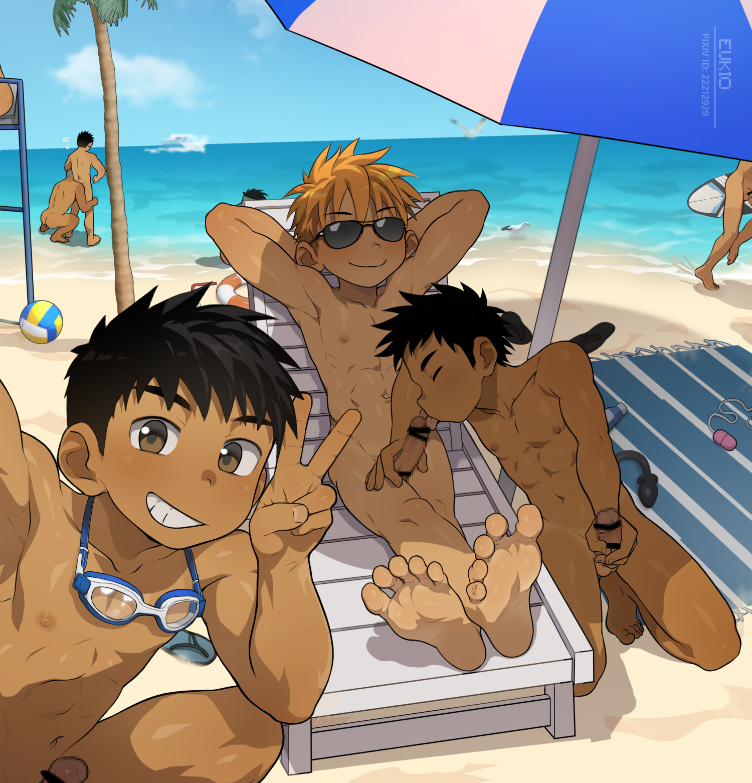 eukio, original, 3boys, bar censor, beach, black hair, blonde hair, censored, completely nude, goggles, goggles around neck, male focus, multiple boys, muscular, muscular male, nude, peace symbol, penis, short hair, smile, sunglasses, taking picture, yaoi