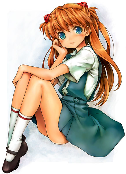 kiro (an kilo), kiro (pixiv), souryuu asuka langley, neon genesis evangelion, 1girl, blue eyes, female focus, long hair, mary janes, orange hair, red hair, school uniform, shoes, solo