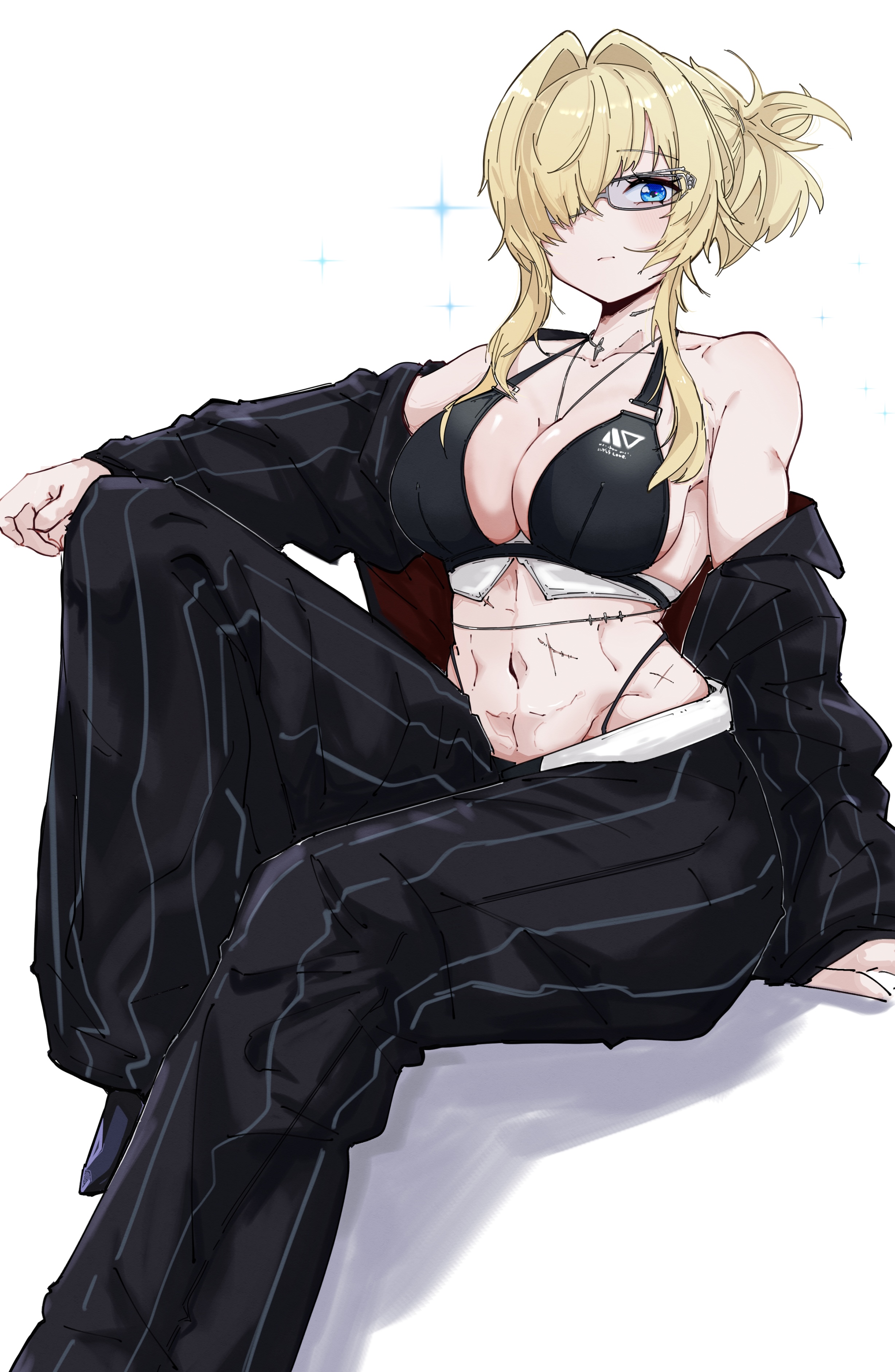 cain lk, grave (beautiful you) (nikke), grave (nikke), goddess of victory: nikke, absurdres, commentary, highres, 1girl, abs, bare shoulders, bikini, black bikini, black jacket, black pants, black shoes, blonde hair, blue eyes, breasts, cleavage, closed mouth, collar, collarbone, formal clothes, glasses, groin, hair between eyes, hair intakes, hair over one eye, highleg, highleg bikini, jacket, large breasts, long hair, looking at viewer, metal collar, midriff, multiple scars, navel, necklace between breasts, off shoulder, official alternate costume, pants, pinstripe jacket, pinstripe pants, pinstripe pattern, pinstripe suit, ponytail, scar, scar on stomach, shadow, shoes, short ponytail, sidelocks, simple background, sitting, solo, suit, swimsuit, white background