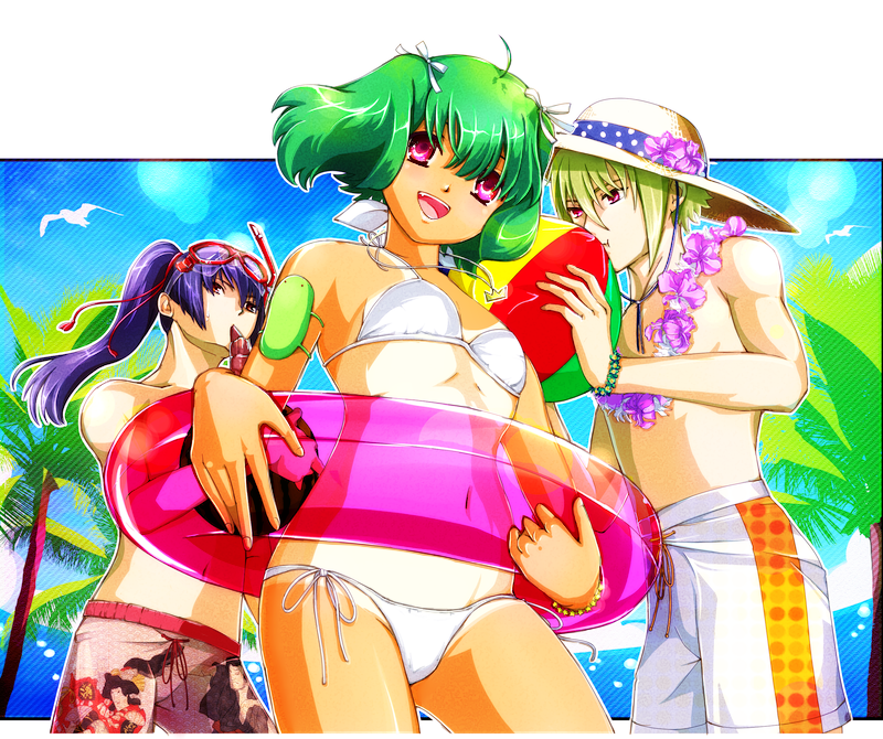 kule, brera sterne, ranka lee, saotome alto, macross, macross frontier, bad id, bad pixiv id, 00s, 1girl, 2boys, :d, ahoge, ball, beachball, bikini, bird, brother and sister, day, diving mask, diving mask on head, drawstring, eyewear on head, flat chest, flower, flower necklace, goggles, goggles on head, green hair, hat, head tilt, holding, holding swim ring, innertube, jewelry, lei, looking at viewer, male swimwear, multiple boys, necklace, ocean, one-piece tan, open mouth, palm tree, print male swimwear, print swim trunks, print swimsuit, red eyes, short hair, siblings, side-tie bikini bottom, sky, smile, snorkel, string bikini, sun hat, swim ring, swim trunks, swimsuit, tan, tanline, tree, twintails, white bikini, white male swimwear, white swim trunks
