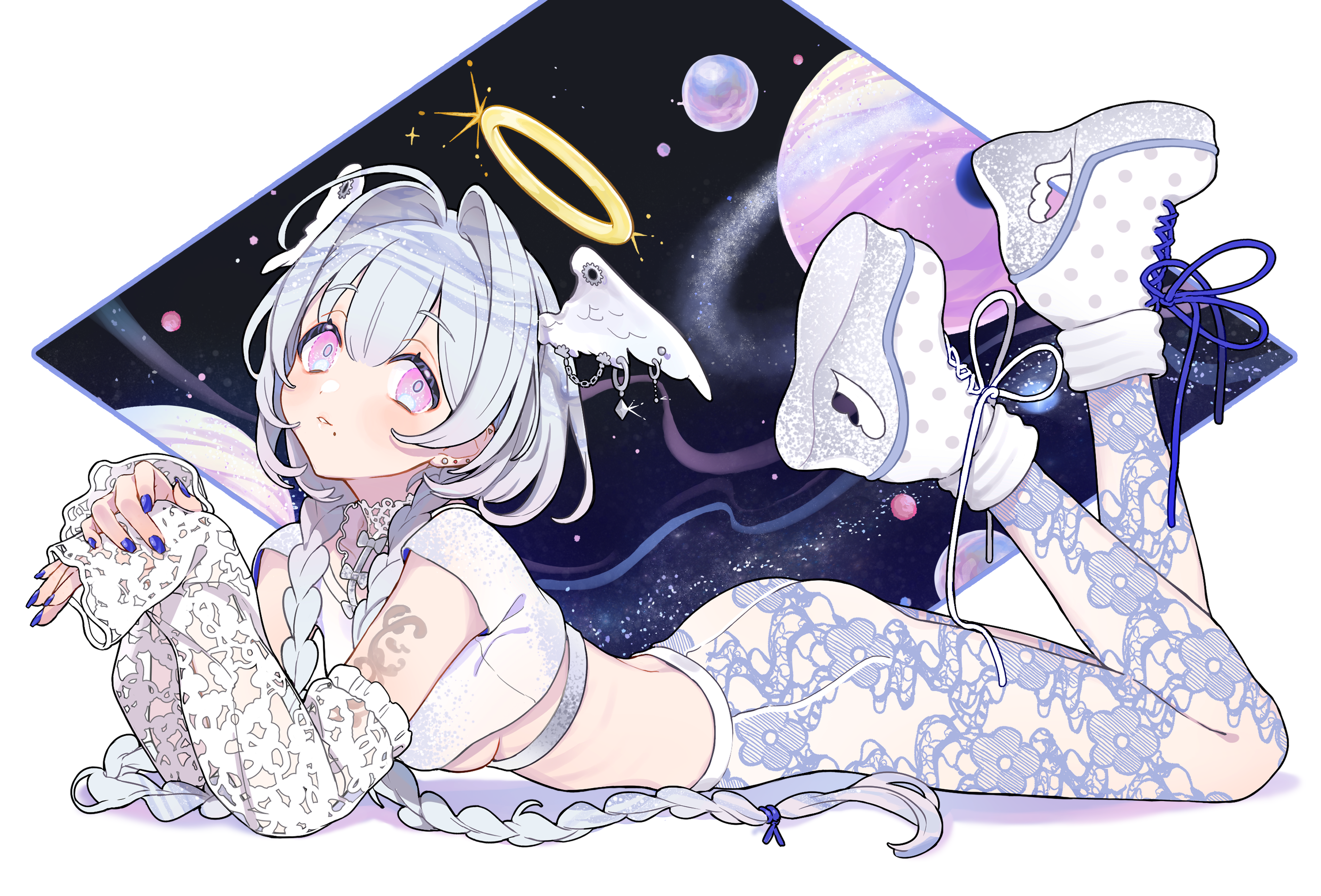 shigupon, original, absurdres, highres, 1girl, ass, blue nails, blush, braid, breasts, crop top, detached sleeves, ear piercing, feet up, floral print, full body, grey hair, hair intakes, hair tie, halo, head wings, leggings, long hair, long sleeves, looking at viewer, lying, mole, mole under mouth, nail polish, on stomach, own hands together, parted lips, piercing, pink eyes, planet, platform shoes, polka dot, shoes, sleeves past wrists, small breasts, smile, solo, twin braids, underboob, very long hair, white leggings, white shoes, wings