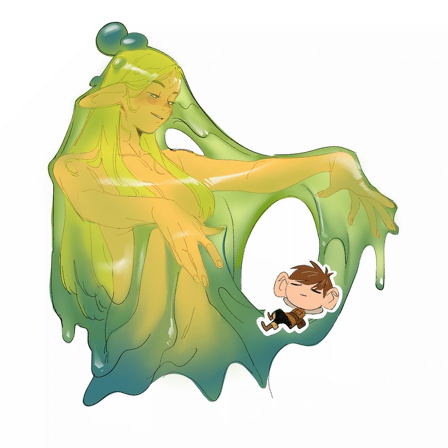 aatom87, chilchuck tims, marcille donato, dungeon meshi, commentary, english commentary, 1boy, 1girl, blonde hair, breasts, brown hair, chibi, green eyes, hair censor, hair over breasts, half-closed eyes, long hair, medium breasts, nude, pointy ears, sleeping, slime (substance)