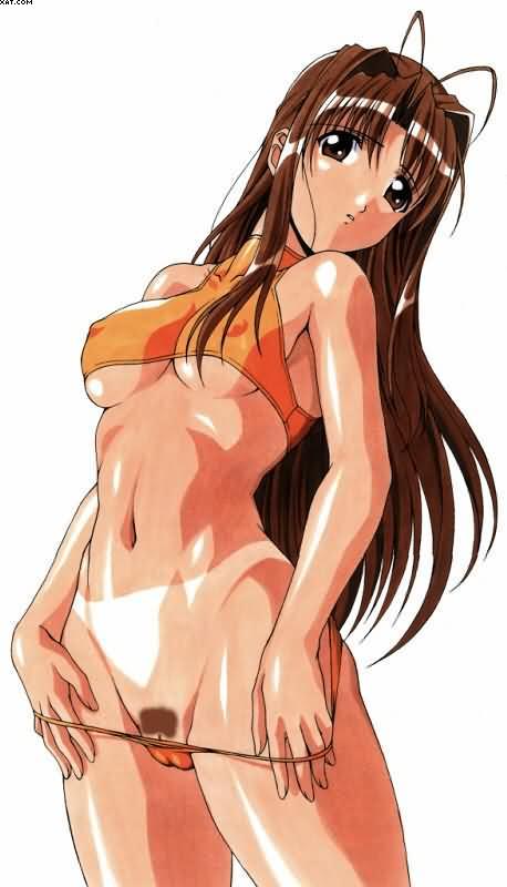 yanagi hirohiko, narusegawa naru, love hina, jpeg artifacts, third-party edit, 1girl, ahoge, antenna hair, bikini, bikini pull, breasts, brown eyes, brown hair, cameltoe, cleft of venus, clitoris slip, clothes pull, covered erect nipples, female focus, female pubic hair, halterneck, long hair, pubic hair, pulling own clothes, pussy, pussy peek, simple background, solo, swimsuit, tan, tanline, uncensored, underboob, watermark