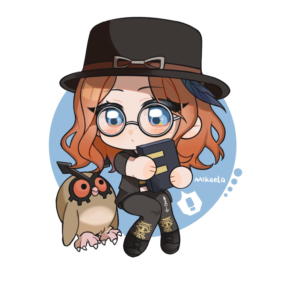 hoothoot, mikaela reid, dead by daylight, nintendo, pokemon, !, 1girl, artist name, bird, black hat, black jacket, black pants, black shoes, blue eyes, brown hair, chibi, crossover, gen 2 pokemon, glasses, hat, jacket, ozimo azer, pants, pokemon (creature), round eyewear, shoes, speech bubble