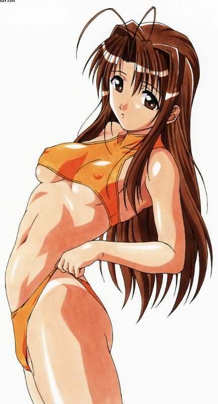 yanagi hirohiko, narusegawa naru, love hina, jpeg artifacts, 1girl, adjusting clothes, adjusting swimsuit, ahoge, antenna hair, bikini, breasts, brown eyes, brown hair, covered erect nipples, female focus, frontal wedgie, halterneck, large breasts, long hair, simple background, solo, swimsuit, tan, tanline, underboob, watermark, wedgie