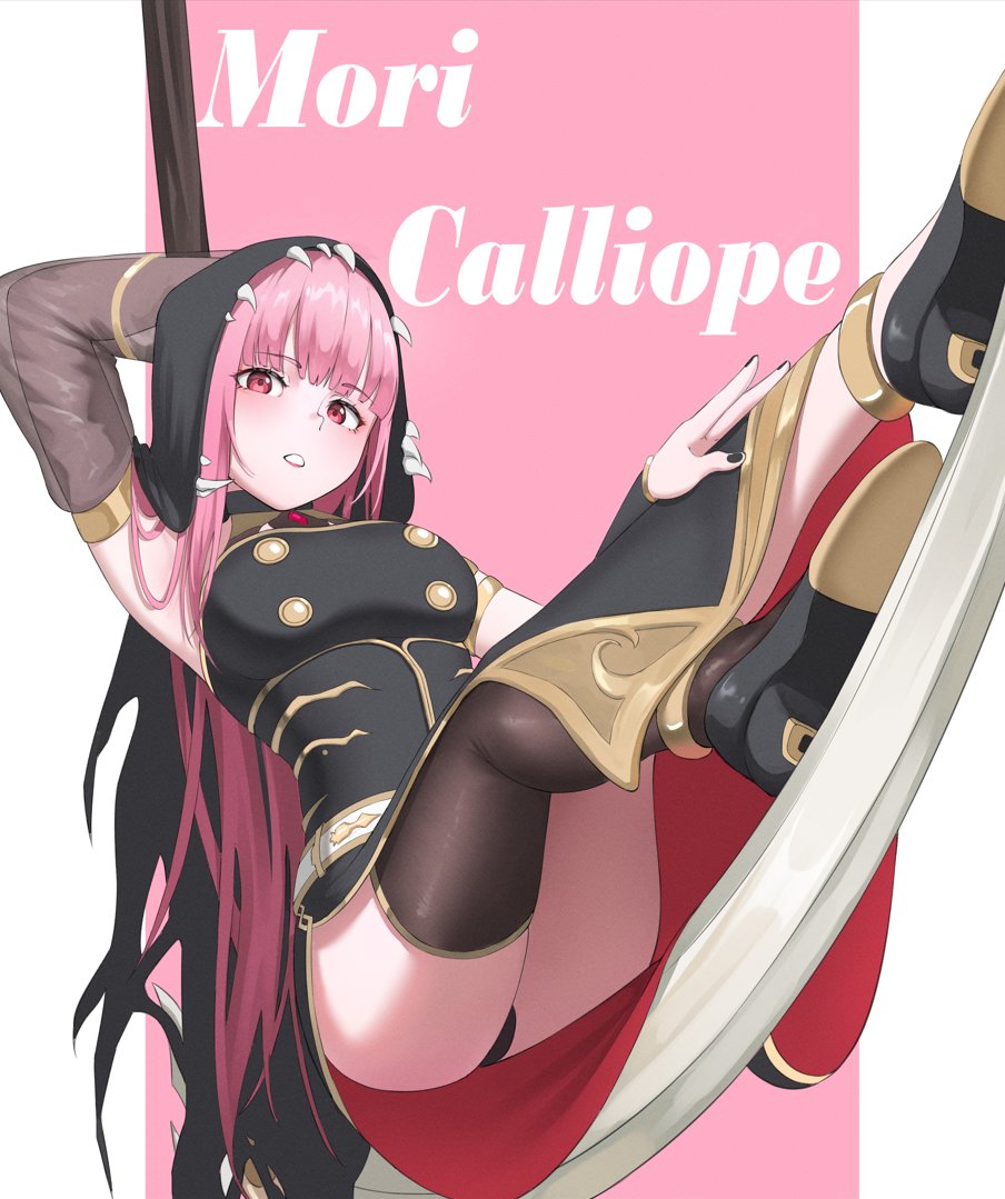 hazeillusts, mori calliope, mori calliope (1st costume), hololive, hololive english, 1girl, black cape, black dress, black tiara, breasts, cape, character name, cleavage, detached sleeves, dress, holding, holding scythe, jewelry, large breasts, long hair, looking at viewer, pink eyes, pink hair, red eyes, scythe, shoulder spikes, single detached sleeve, smile, solo, spiked cape, spikes, tiara, veil, virtual youtuber