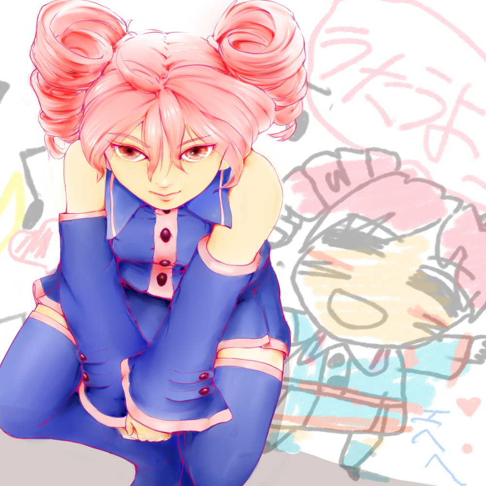 konpasu, kasane teto, kasane teto (utau), utau, vocaloid, drawing, 1girl, ahoge, child's drawing, detached sleeves, drill hair, female focus, from above, red eyes, red hair, sitting, skirt, solo, thighhighs, twin drills, twintails, zettai ryouiki