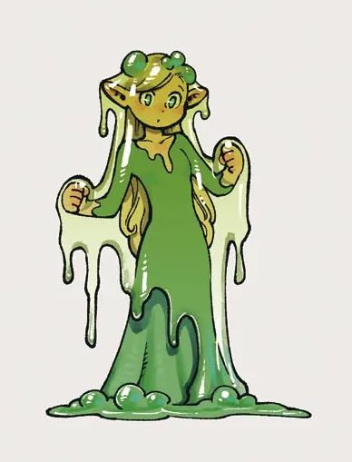 aatom87, marcille donato, dungeon meshi, commentary, english commentary, 1girl, :o, blonde hair, breasts, dress, full body, green dress, green eyes, hair behind ear, long dress, long hair, pointy ears, slime (substance), small breasts, solo