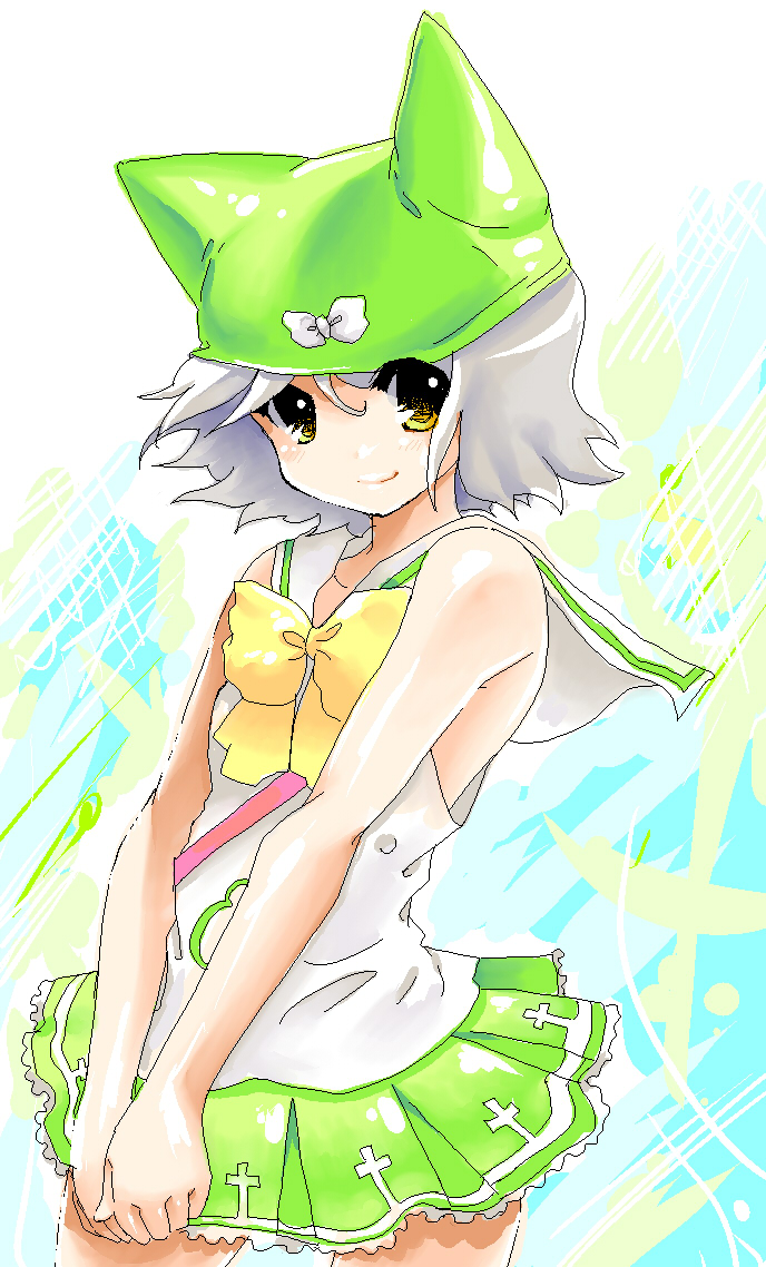 mosho, kanae (vanpri), vanguard princess, silver hair, 1girl, animal ears, animal hat, cat hat, fake animal ears, female focus, hat, oekaki, school uniform, serafuku, skirt, smile, solo, yellow eyes