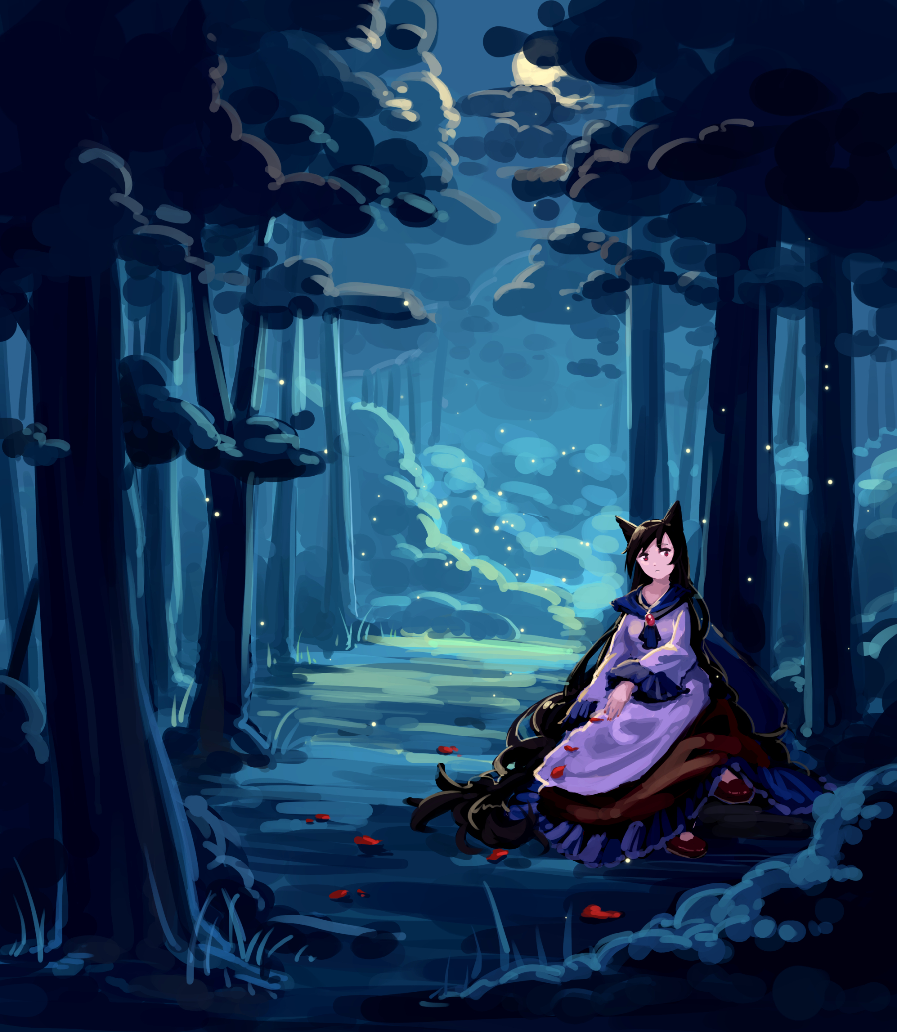 furahata gen, imaizumi kagerou, touhou, highres, 1girl, absurdly long hair, animal ears, blue cape, blue dress, brooch, bush, cape, closed mouth, cloud, cloudy sky, dress, fireflies, forest, grass, jewelry, long hair, long sleeves, moon, nature, night, pebble, puffy long sleeves, puffy sleeves, red dress, red eyes, red nails, red shoes, shoes, sitting, sky, solo, swept bangs, tree, very long hair, white dress, wolf ears, wolf girl