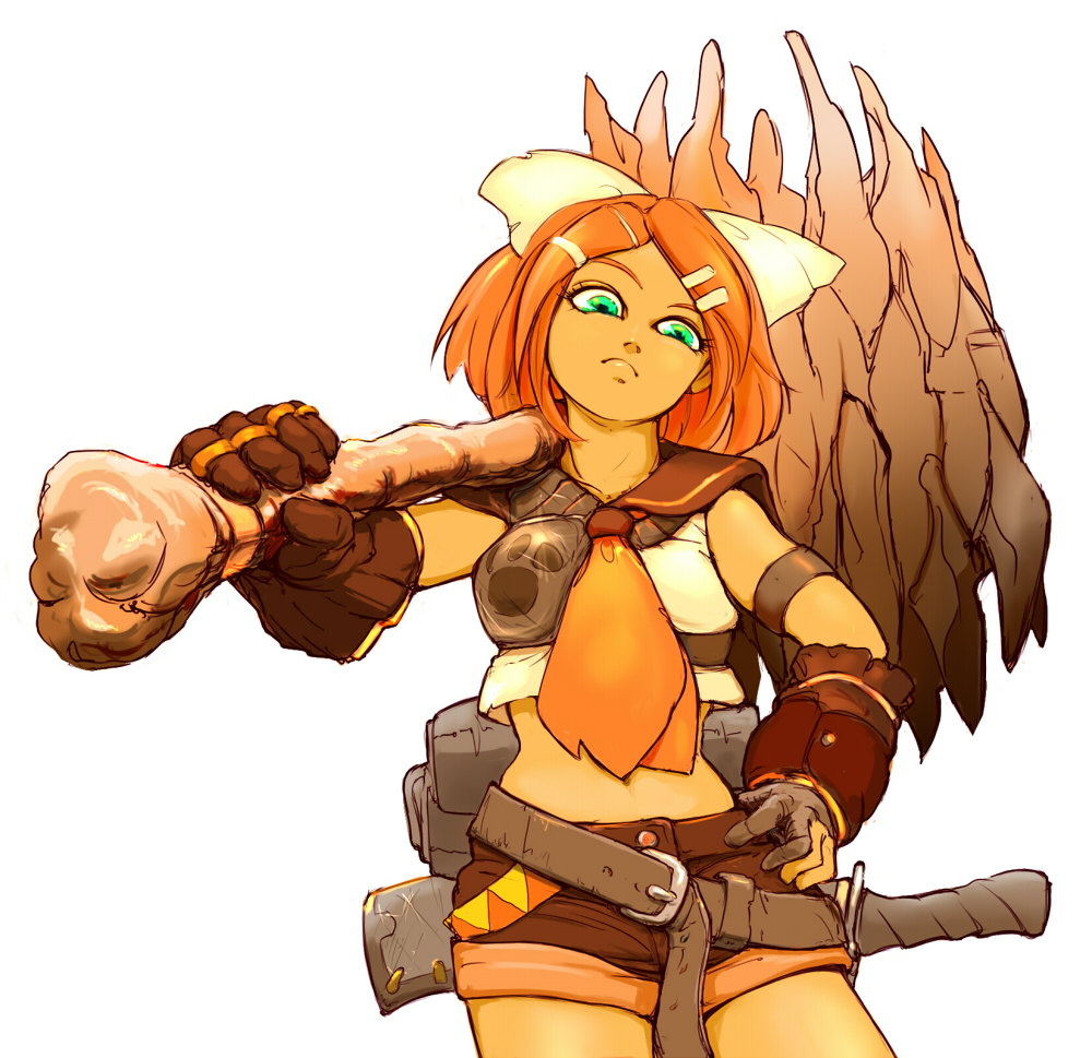 konpasu, kagamine rin, vocaloid, 1girl, belt, blonde hair, female focus, gloves, hair ornament, hair ribbon, hairclip, knife, mace, midriff, navel, ogre, parody, ribbon, short hair, simple background, solo, weapon, white background