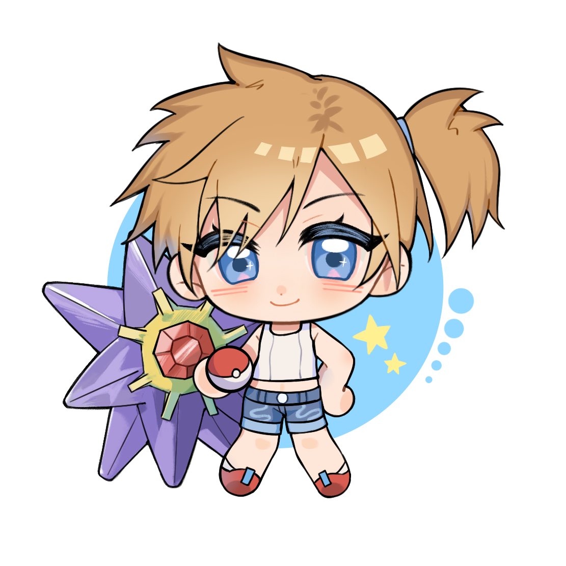 misty (pokemon), starmie, nintendo, pokemon, pokemon lgpe, 1girl, blue eyes, blue shorts, brown hair, chibi, denim, denim shorts, gen 1 pokemon, holding, holding poke ball, looking at viewer, ozimo azer, poke ball, poke ball (basic), pokemon (creature), ponytail, short ponytail, short shorts, shorts, side ponytail, star (symbol), tank top, white tank top