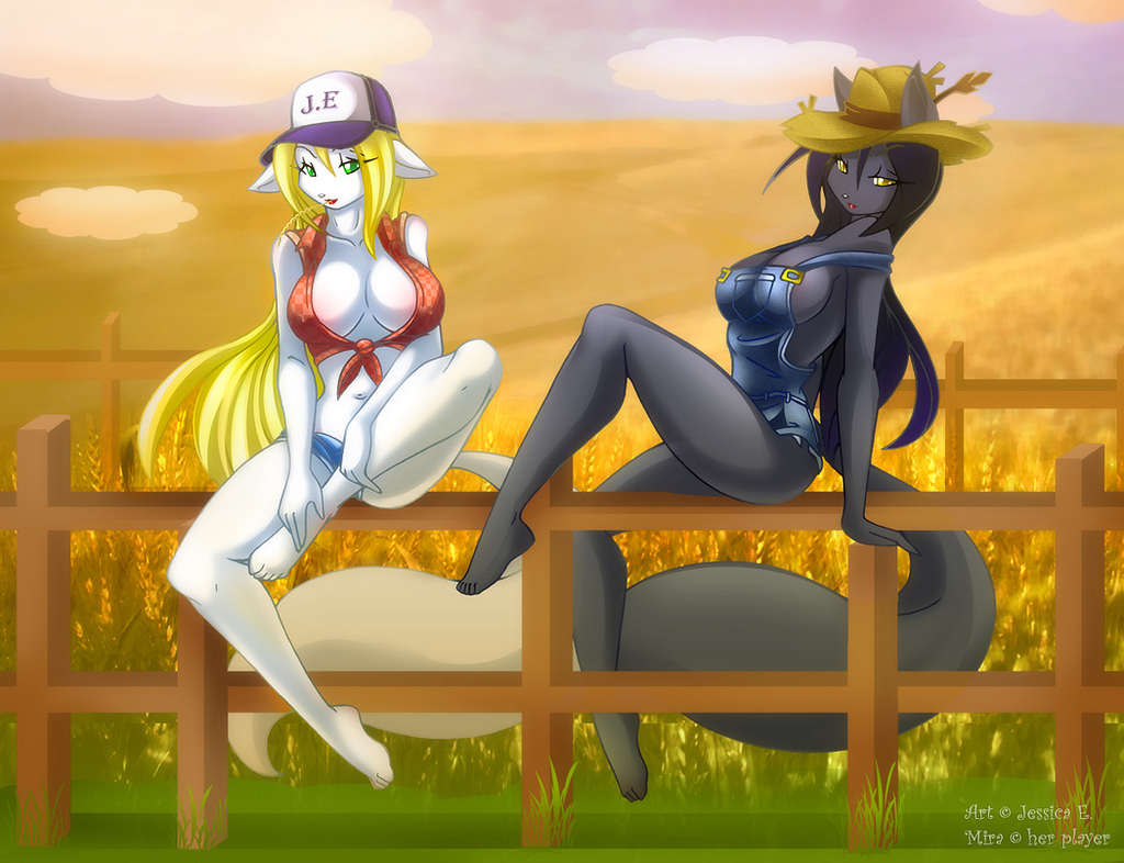 jessica elwood (artist), 2girls, animal, barefoot, black hair, blonde hair, dark skin, farm, furry, green eyes, hat, multiple girls, no bra, overalls, tail, yellow eyes