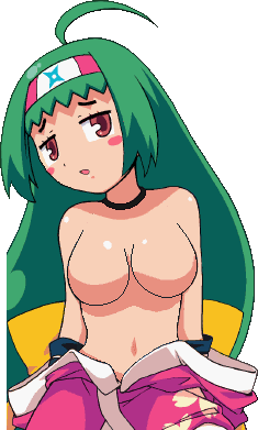 doki doki majo shinpan 2, lowres, unfinished, breasts, green hair, long hair, looking at viewer, navel, no nipples, red eyes, shirt down, tomosata kamome