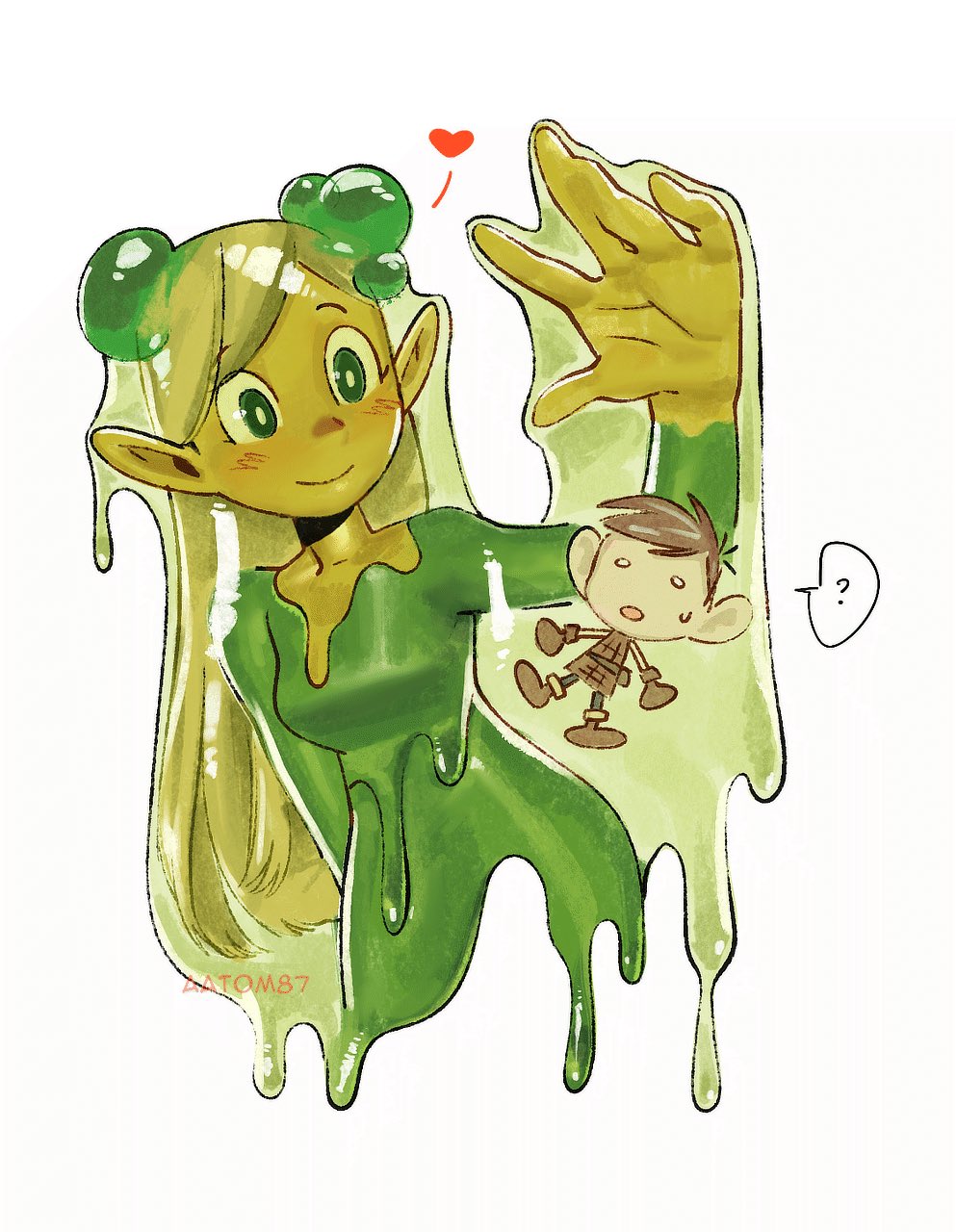 aatom87, marcille donato, dungeon meshi, commentary, highres, 1boy, 1girl, blonde hair, breasts, brown gloves, brown hair, chibi, dress, gloves, green dress, green eyes, hair behind ear, heart, long hair, medium breasts, o o, pointy ears, slime (substance), sweatdrop