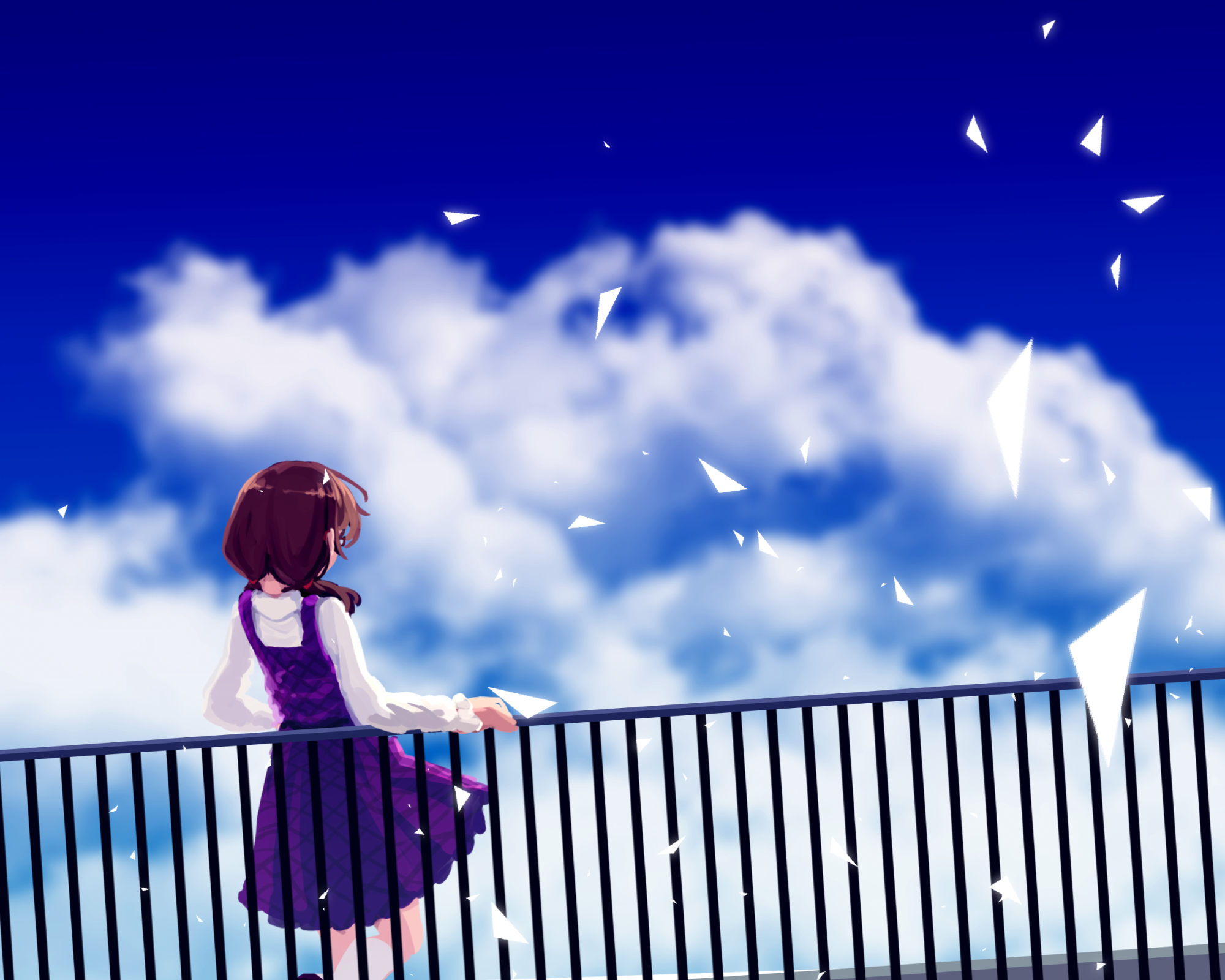 furahata gen, usami sumireko, touhou, highres, 1girl, against railing, balcony, brown hair, cloud, collared shirt, day, from behind, hair ribbon, hand on railing, leaning back, long sleeves, medium hair, purple shirt, purple skirt, railing, red ribbon, ribbon, shards, shirt, skirt, sky, sleeve cuffs, solo, standing, twintails, white shirt
