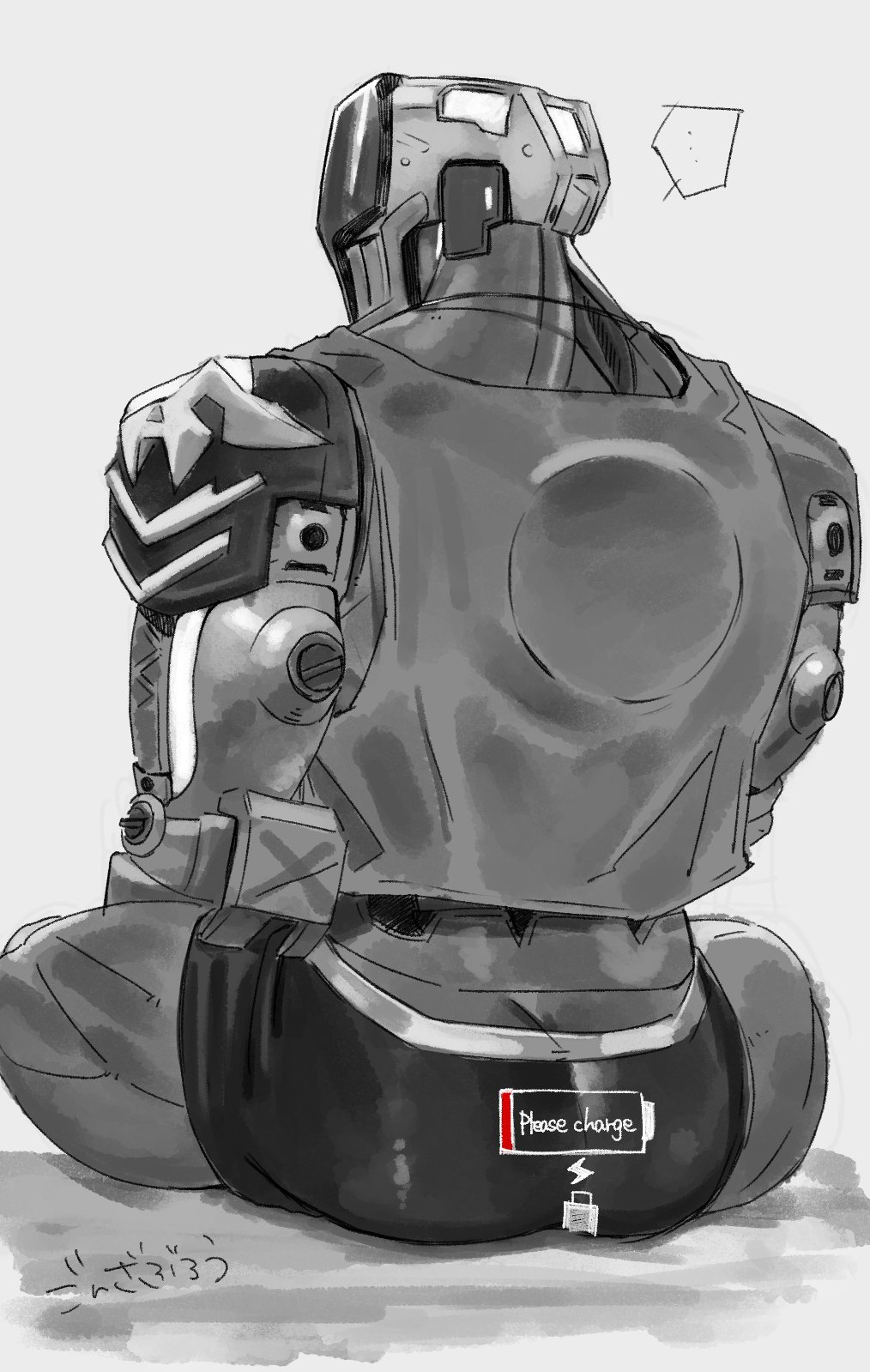 cysqb, kay/o (valorant), valorant, highres, 1boy, ass, ass focus, bara, battery indicator, clothed robot, faceless, faceless male, from behind, greyscale, humanoid robot, joints, looking to the side, male focus, monochrome, muscular, muscular male, robot, robot joints, shorts, simple background, sitting, solo, spread legs, tank top, thick thighs, thighs, white background
