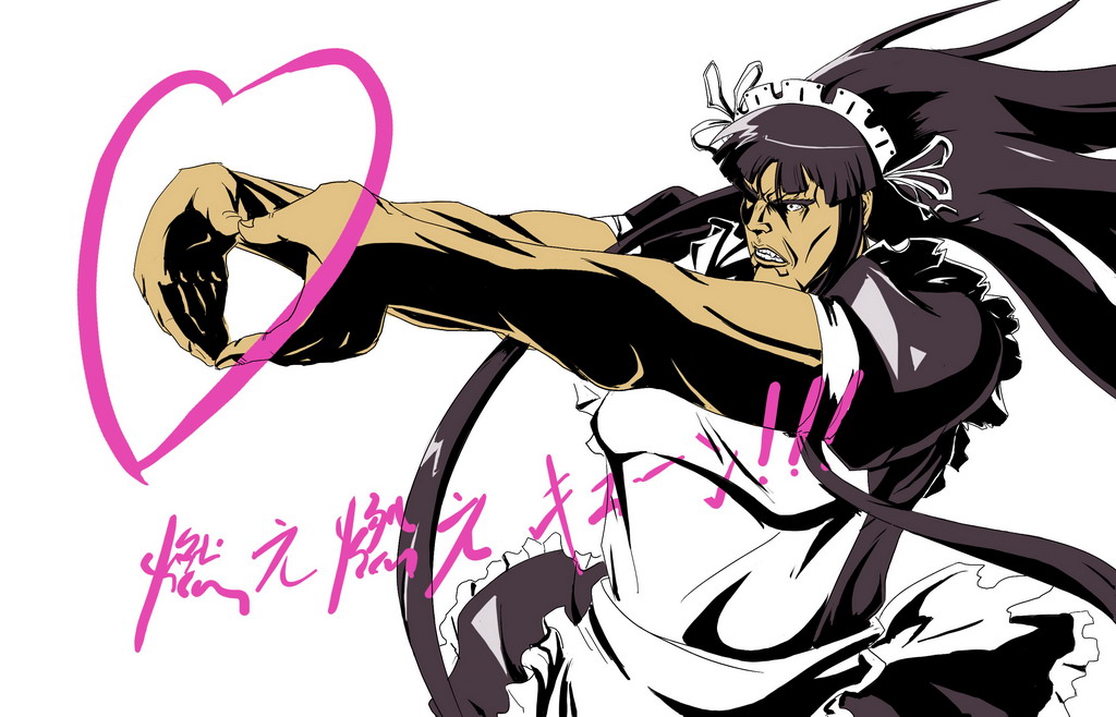 amiba (nerdamiba), akiyama mio, k-on!, kamen no maid guy, translated, 1boy, alternate costume, crossdressing, crossdressing (mtf), enmaided, heart, long hair, maid, maid headdress, male focus, male maid, manly, moe moe kyun!, parody, solo, very long hair