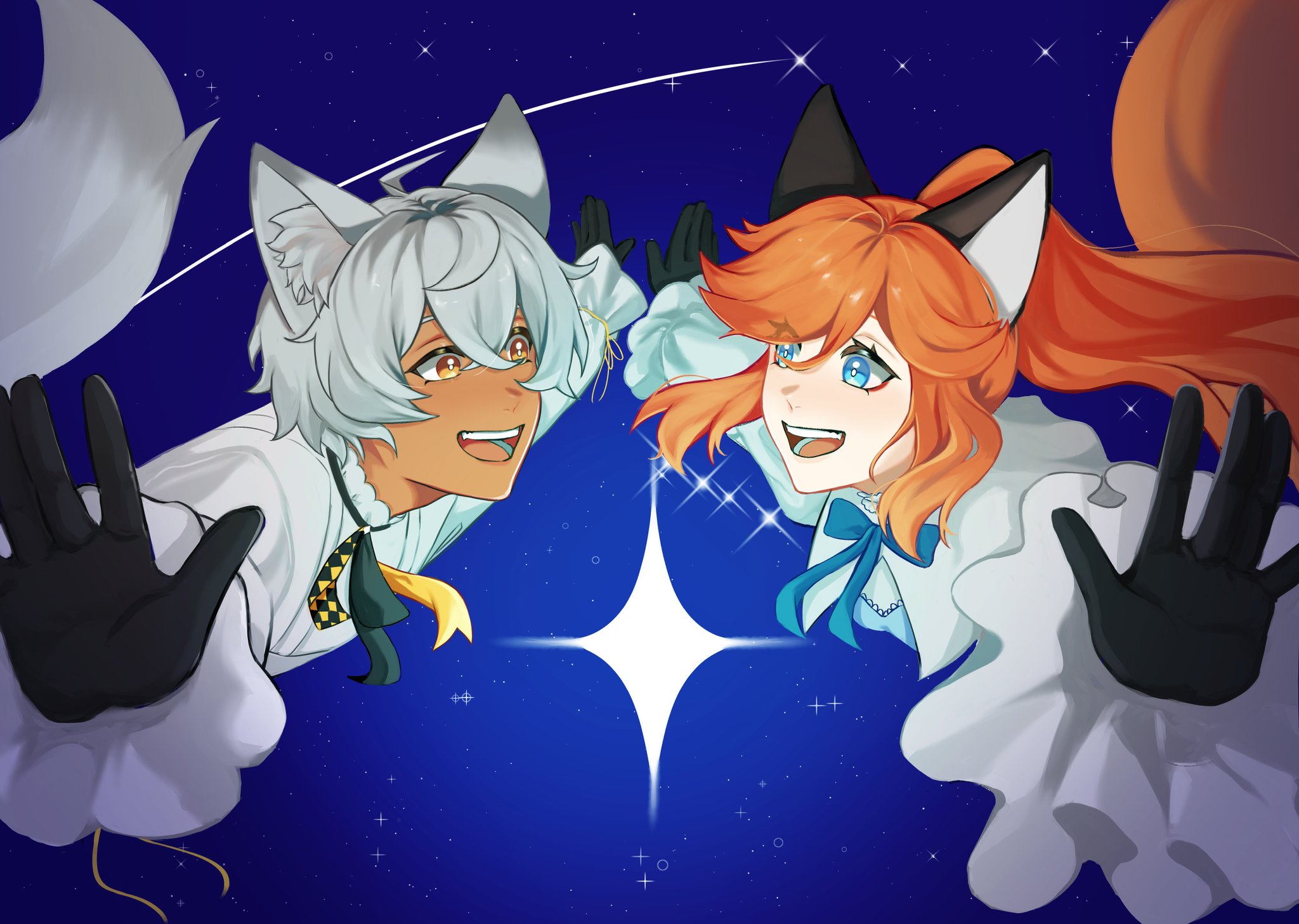 praxycho, daina (vocaloid), dex (vocaloid), vocaloid, commentary, english commentary, highres, 1boy, 1girl, :d, ahoge, animal ear fluff, animal ears, black gloves, blue eyes, brown eyes, dark-skinned male, dark skin, fox ears, fox tail, gloves, grey hair, hair between eyes, open mouth, orange hair, ponytail, smile, sparkle, tail, teeth, tongue, wolf boy, wolf ears