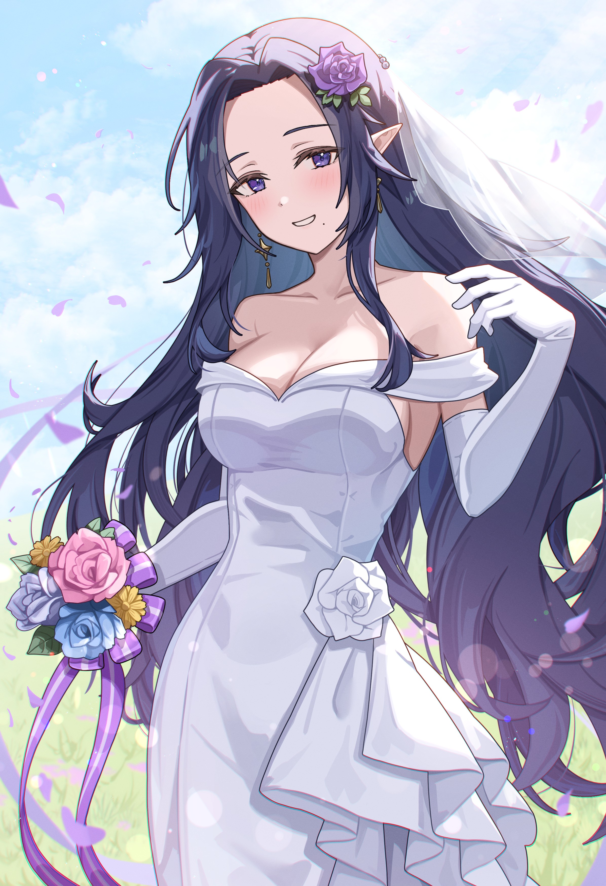 matsumoto yuu, gamma (kagejitsu), kage no jitsuryokusha ni naritakute!, absurdres, highres, 1girl, :d, blue flower, blue rose, blue sky, blush, bouquet, breasts, bridal veil, cleavage, collarbone, cowboy shot, day, dress, dress flower, earrings, elbow gloves, flower, gloves, grin, hair flower, hair ornament, holding, holding bouquet, jewelry, large breasts, long hair, looking at viewer, off-shoulder dress, off shoulder, open mouth, outdoors, parted lips, pink flower, pink rose, pointy ears, purple eyes, purple flower, purple hair, purple rose, rose, sky, smile, solo, veil, very long hair, wedding dress, white dress, white flower, white gloves, white rose