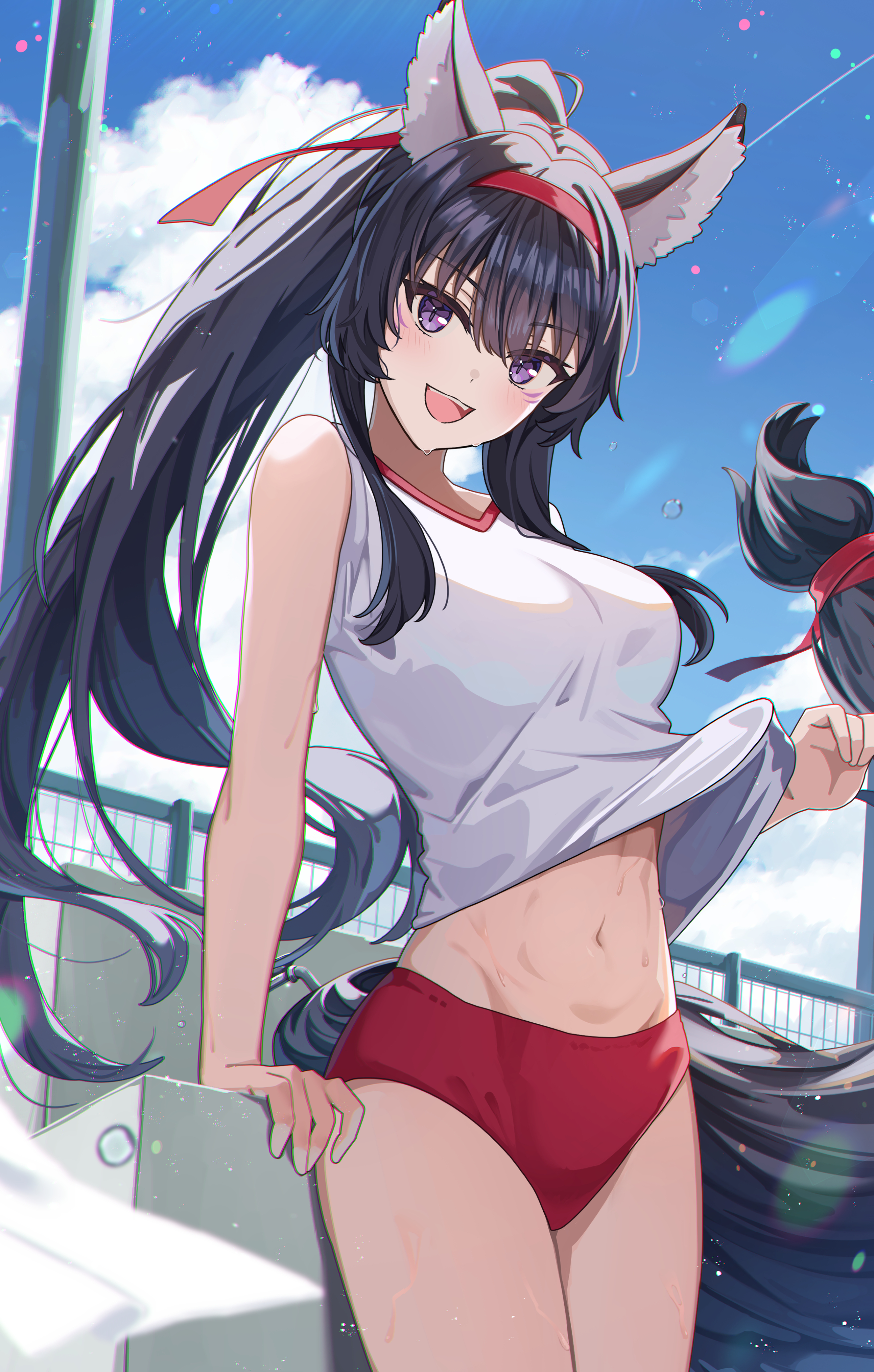 matsumoto yuu, delta (kagejitsu), kage no jitsuryokusha ni naritakute!, absurdres, commentary request, highres, 1girl, :d, ahoge, animal ear fluff, animal ears, black hair, blue sky, blush, breasts, buruma, clothes lift, cloud, cowboy shot, day, groin, hair between eyes, hairband, high ponytail, holding, large breasts, long hair, looking at viewer, midriff, navel, open mouth, outdoors, ponytail, red buruma, red hairband, ribbon, shirt, sidelocks, sky, smile, solo, standing, stomach, tail, thighs, toned, toned female, very long hair, white shirt