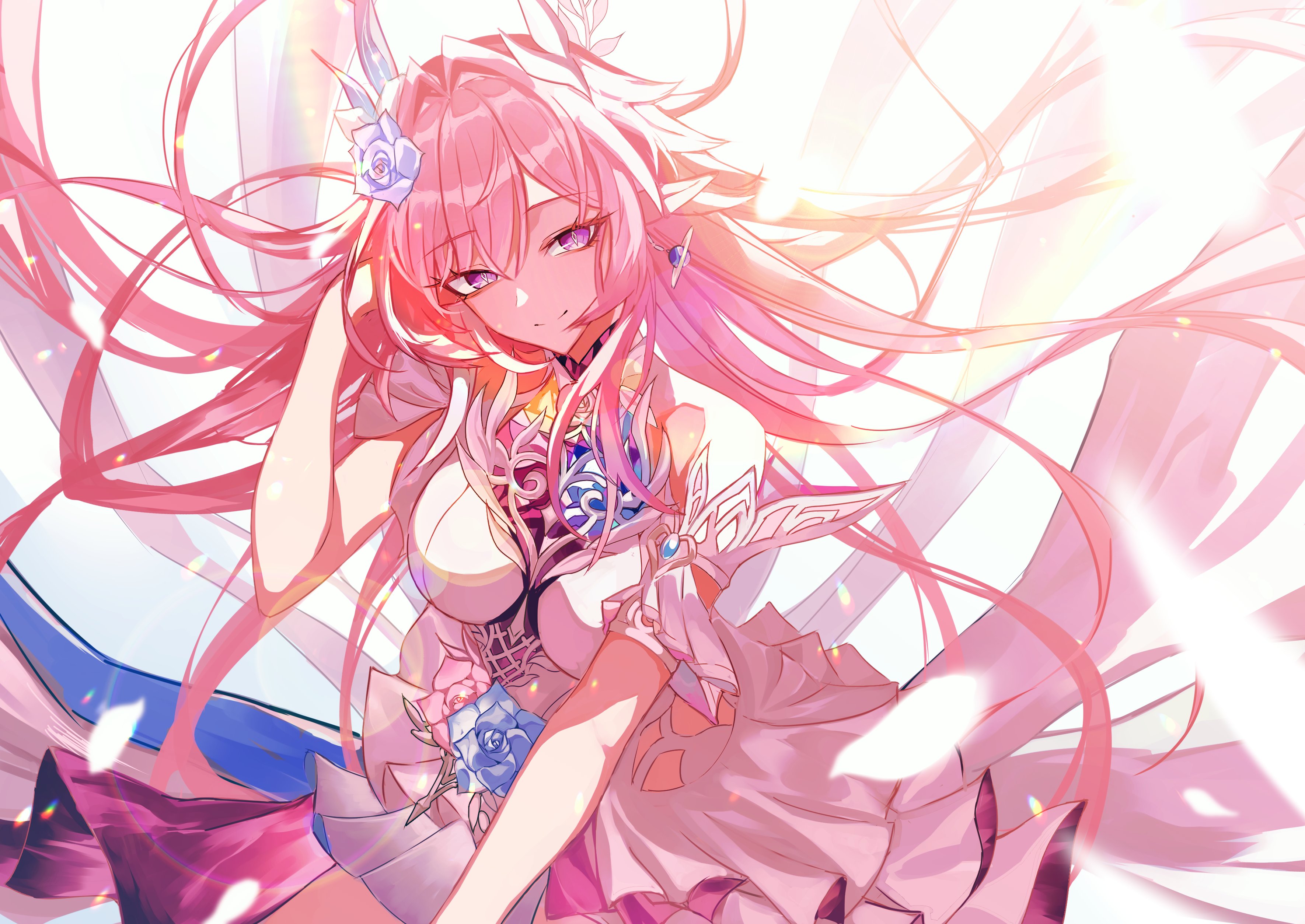 sas (ls08b), cyrene (honkai: star rail), cyrene (ripples of past reverie) (honkai: star rail), honkai: star rail, honkai (series), absurdres, commentary, hashtag-only commentary, highres, 1girl, armlet, bare shoulders, breasts, closed mouth, cowboy shot, dress, flower, hair flower, hair ornament, hand up, jewelry, large breasts, long hair, looking at viewer, pink hair, pointy ears, purple eyes, purple flower, purple rose, rose, smile, solo, very long hair, white dress