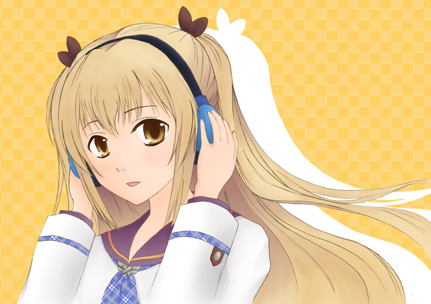 yume32ki, saotome tsukasa, sugar+spice!, sugar + spice, bad id, bad pixiv id, 1girl, blonde hair, brown eyes, female focus, headphones, solo