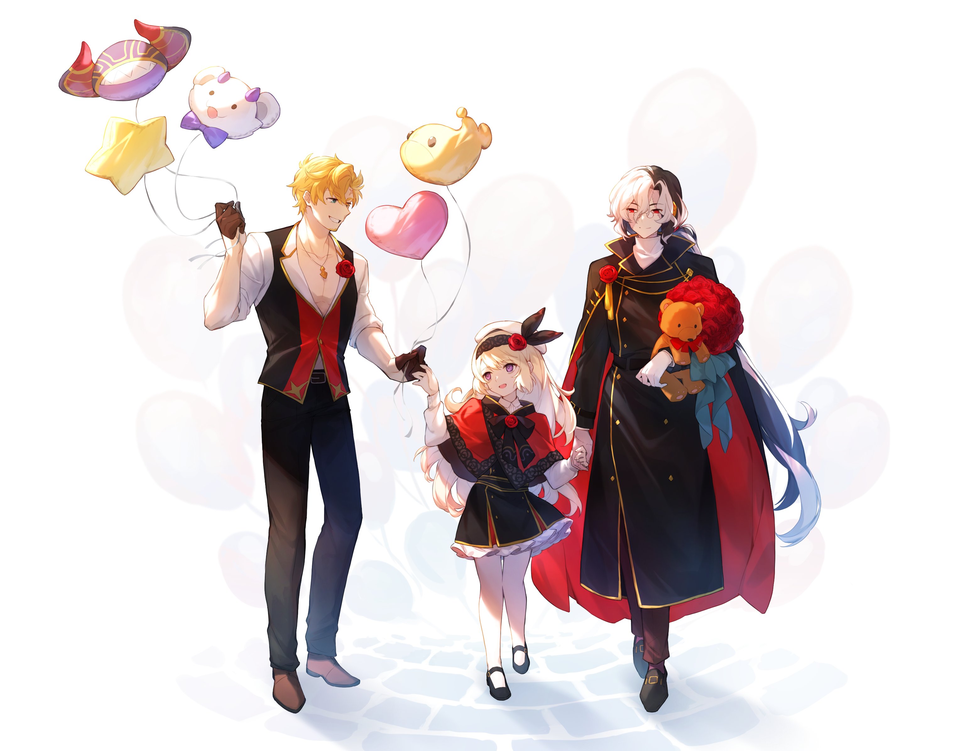 dragalinuka, curran (dragalia lost), heinwald (dragalia lost), lathna, maritimus (dragalia lost), nyarlathotep (dragalia lost), dragalia lost, highres, 1girl, 2boys, :d, balloon, beard stubble, black cape, black coat, black dress, black hairband, black pants, black shoes, black vest, blonde hair, blue eyes, bouquet, brown shoes, cape, character balloon, closed mouth, coat, dress, facial hair, flower, full body, hair between eyes, hair flower, hair ornament, hairband, hat, heart balloon, holding, holding balloon, holding bouquet, holding hands, holding stuffed toy, long hair, long sleeves, looking at another, multiple boys, open mouth, pants, purple eyes, red cape, red eyes, red flower, red rose, rose, shoes, short hair, smile, standing, star balloon, stubble, stuffed animal, stuffed toy, teddy bear, teeth, two-tone cape, very long hair, vest, white hat
