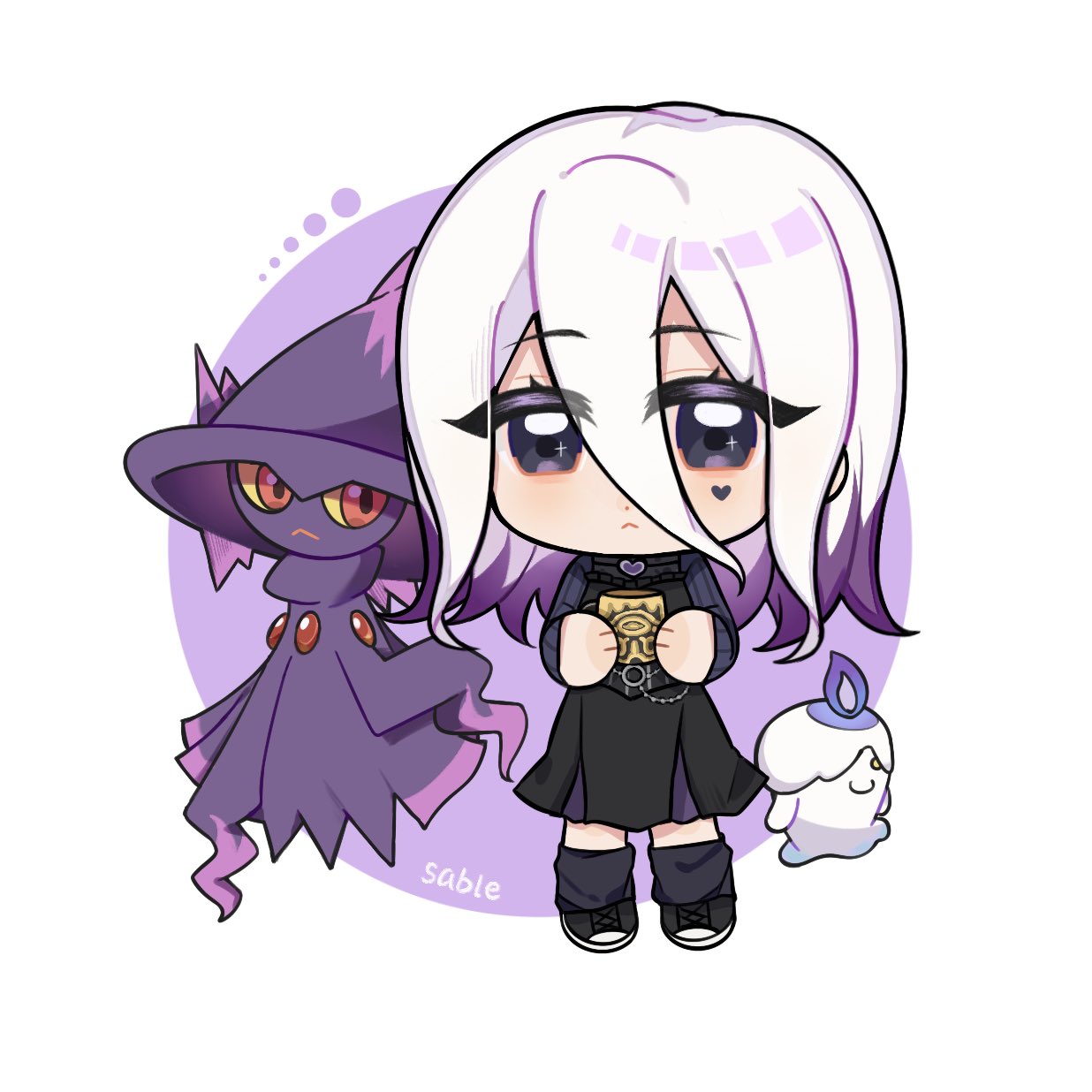 litwick, mismagius, sable ward, dead by daylight, nintendo, pokemon, highres, 1girl, black dress, black eyes, cheek tattoo, chibi, crossover, dress, gen 4 pokemon, gen 5 pokemon, hair between eyes, heart, heart tattoo, long hair, looking at viewer, ozimo azer, pokemon (creature), solo, tattoo, white hair