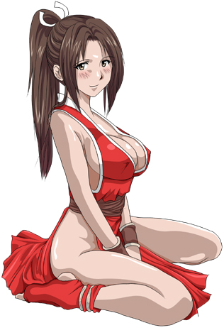 shiranui mai, fatal fury, snk, the king of fighters, artist request, lowres, 1girl, barefoot, blush, breasts, brown eyes, brown hair, china dress, chinese clothes, curvy, dress, female focus, large breasts, long hair, no bra, no panties, pelvic curtain, ponytail, red dress, revealing clothes, side slit, sideboob, simple background, sitting, solo, toeless legwear, two side up, wariza