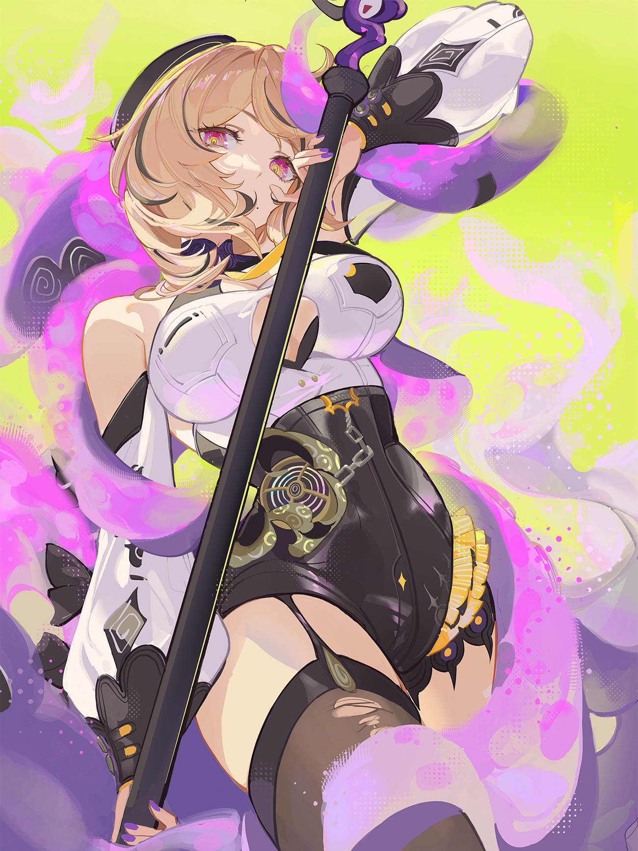 wanwu (nighmist), yidhari murphy, zenless zone zero, commentary, highres, 1girl, asymmetrical shorts, bare shoulders, beret, black hat, blonde hair, breasts, brown thighhighs, button gap, cleavage, covered mouth, cowboy shot, detached sleeves, garter straps, green background, hat, high-waist shorts, holding, holding weapon, large breasts, looking at viewer, mole, mole under mouth, purple eyes, purple nails, shirt, short hair, shorts, single garter strap, single thighhigh, solo, suction cups, tentacle girl, tentacle tail, tentacles, thighhighs, torn clothes, torn thighhighs, weapon, white shirt, white sleeves