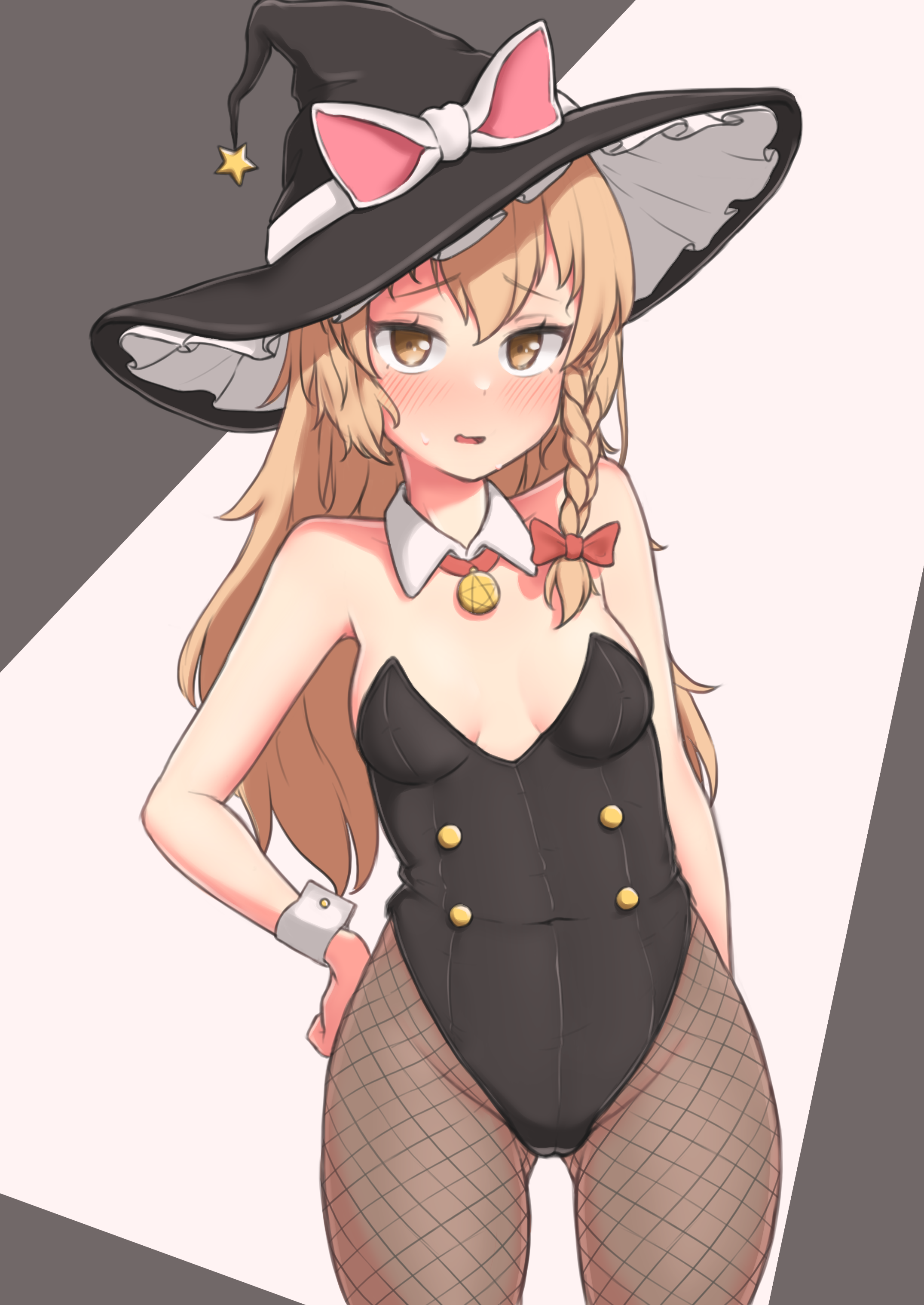samukaze, kirisame marisa, touhou, absurdres, commentary request, highres, 1girl, black leotard, blonde hair, bow, braid, breasts, brown eyes, cowboy shot, detached collar, fishnet pantyhose, fishnets, gluteal fold, hand on own hip, hat, hat bow, leotard, long hair, pantyhose, petite, side braid, small breasts, solo, star (symbol), strapless, strapless leotard, witch hat, wrist cuffs