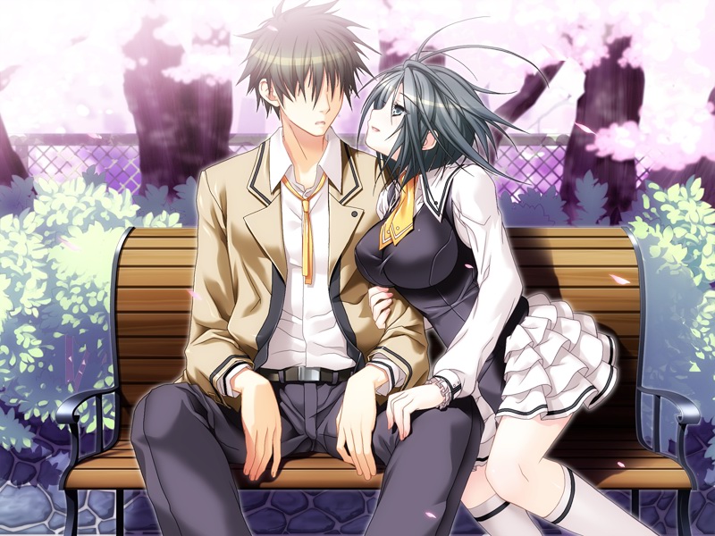 kirishima sakura, haikuo-soft, sakura sakura, arm grab, game cg, 1boy, 1girl, bench, breasts, couple, hetero, large breasts, skirt