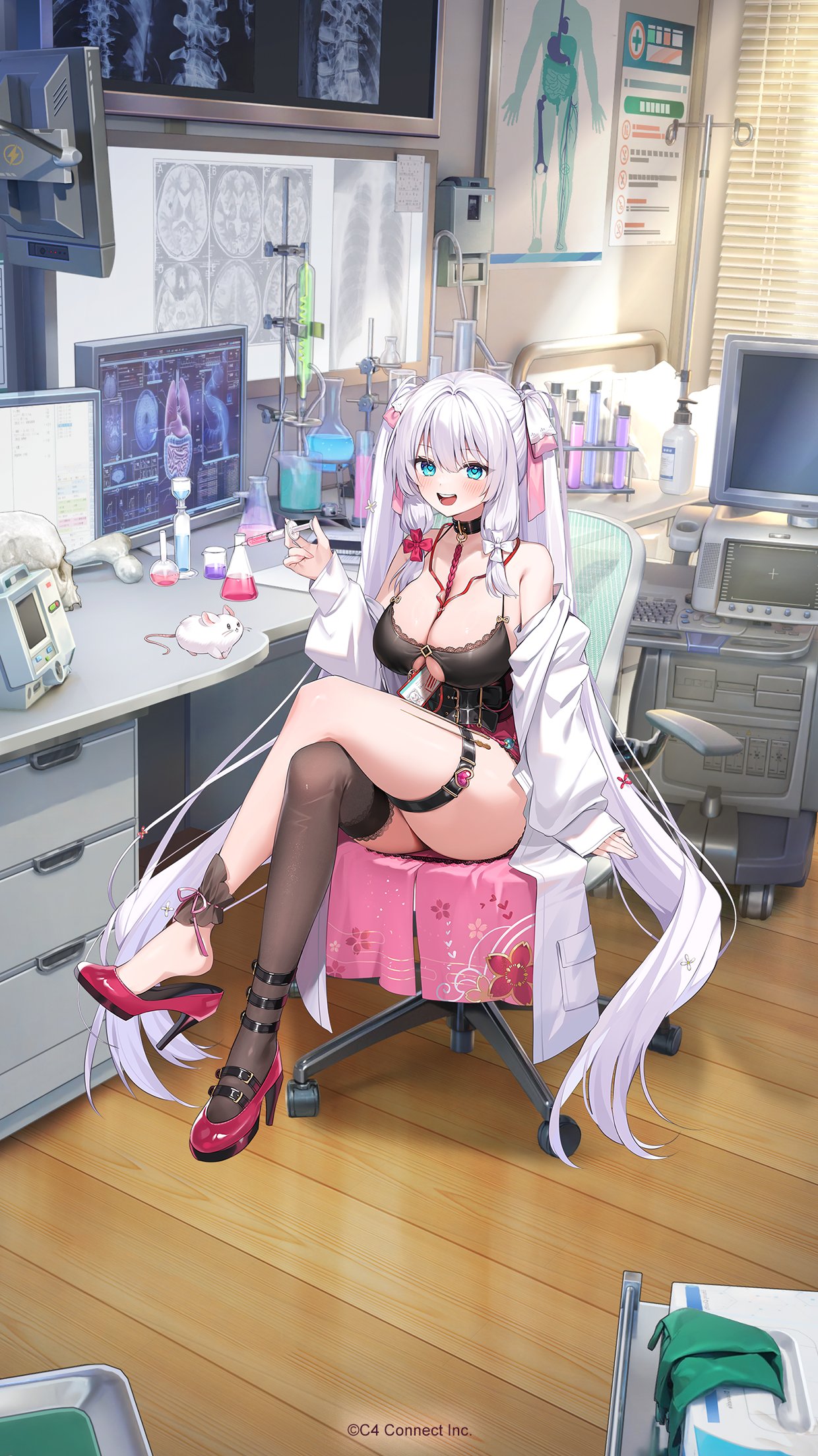 houchi shoujo, character request, highres, official art, 1girl, :d, animal, bare shoulders, beaker, bed, belt, blue eyes, breasts, chair, choker, coat, crossed legs, doctor, erlenmeyer flask, flask, hair ribbon, heart, heart-shaped pupils, high heels, hospital bed, indoors, keycard, lab coat, large breasts, long hair, mouse (animal), off-shoulder coat, off shoulder, on chair, open mouth, pale skin, red shoes, ribbon, shoes, single thighhigh, sitting, skull, smile, solo, straight hair, symbol-shaped pupils, test tube, test tube rack, thighhighs, twintails, very long hair, white hair, white ribbon, wooden floor