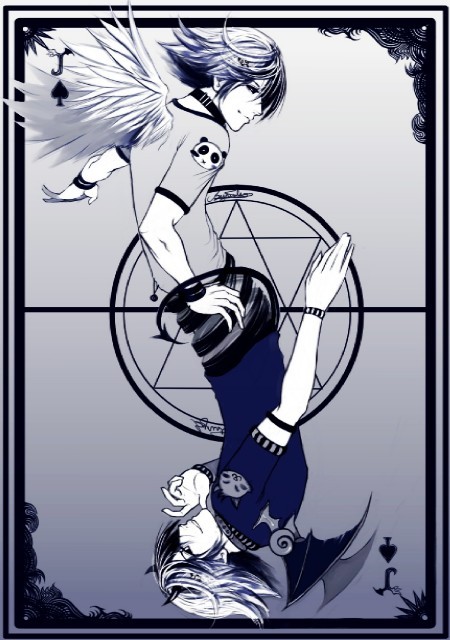 2boys, card, cat, gradient background, horns, jack (playing card), jack of spades, male focus, monochrome, multiple boys, panda, playing card, spade, tail, wings