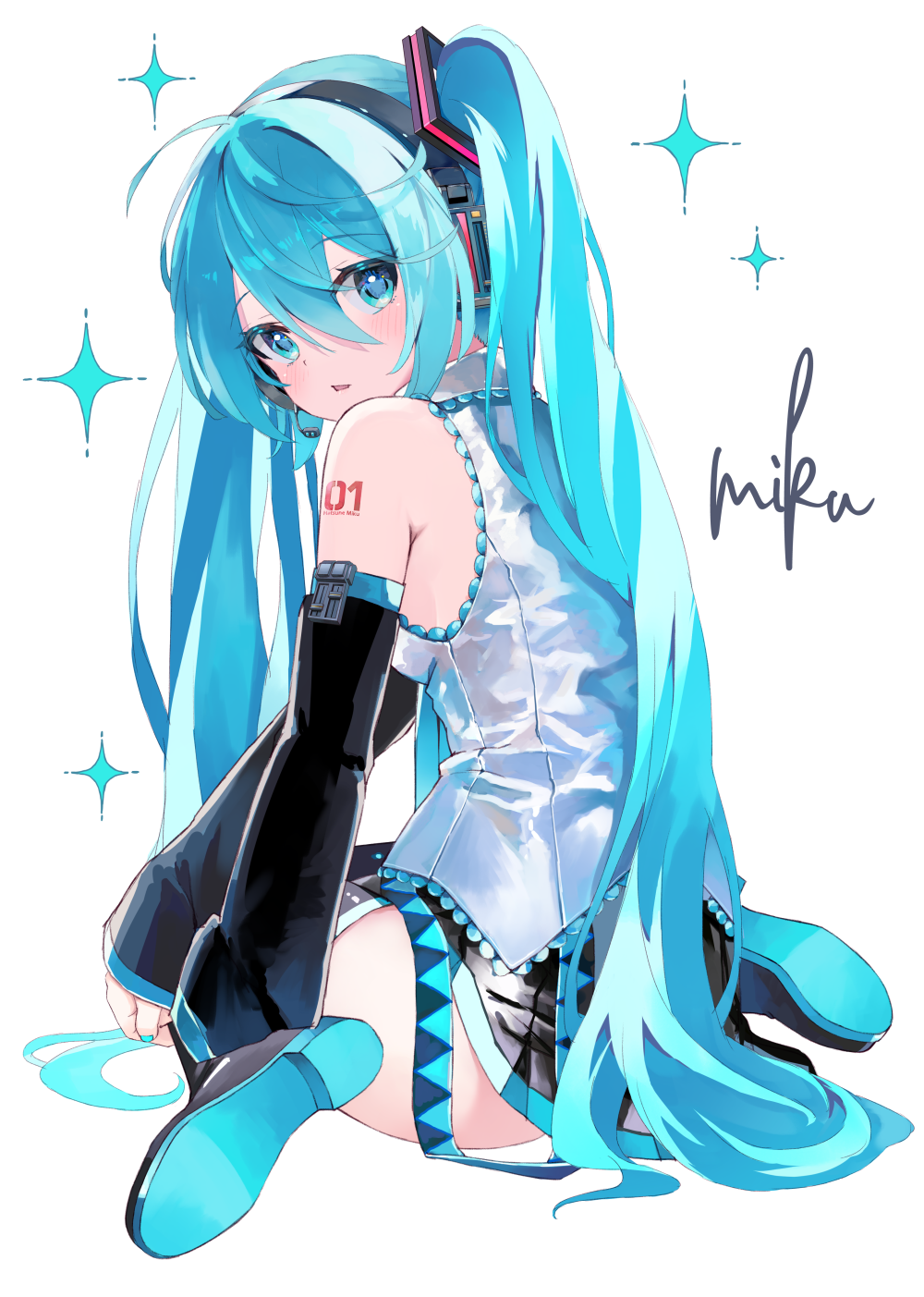 takepon1123, hatsune miku, vocaloid, highres, 1girl, aqua eyes, aqua hair, aqua nails, aqua necktie, aqua trim, arm tattoo, black skirt, blush, breasts, character name, collared shirt, detached sleeves, hair between eyes, hair ornament, long sleeves, looking at viewer, looking back, medium breasts, miniskirt, necktie, number tattoo, pleated skirt, shirt, simple background, skirt, sleeveless, sleeveless shirt, solo, tattoo, twintails, white background, white shirt, wide sleeves