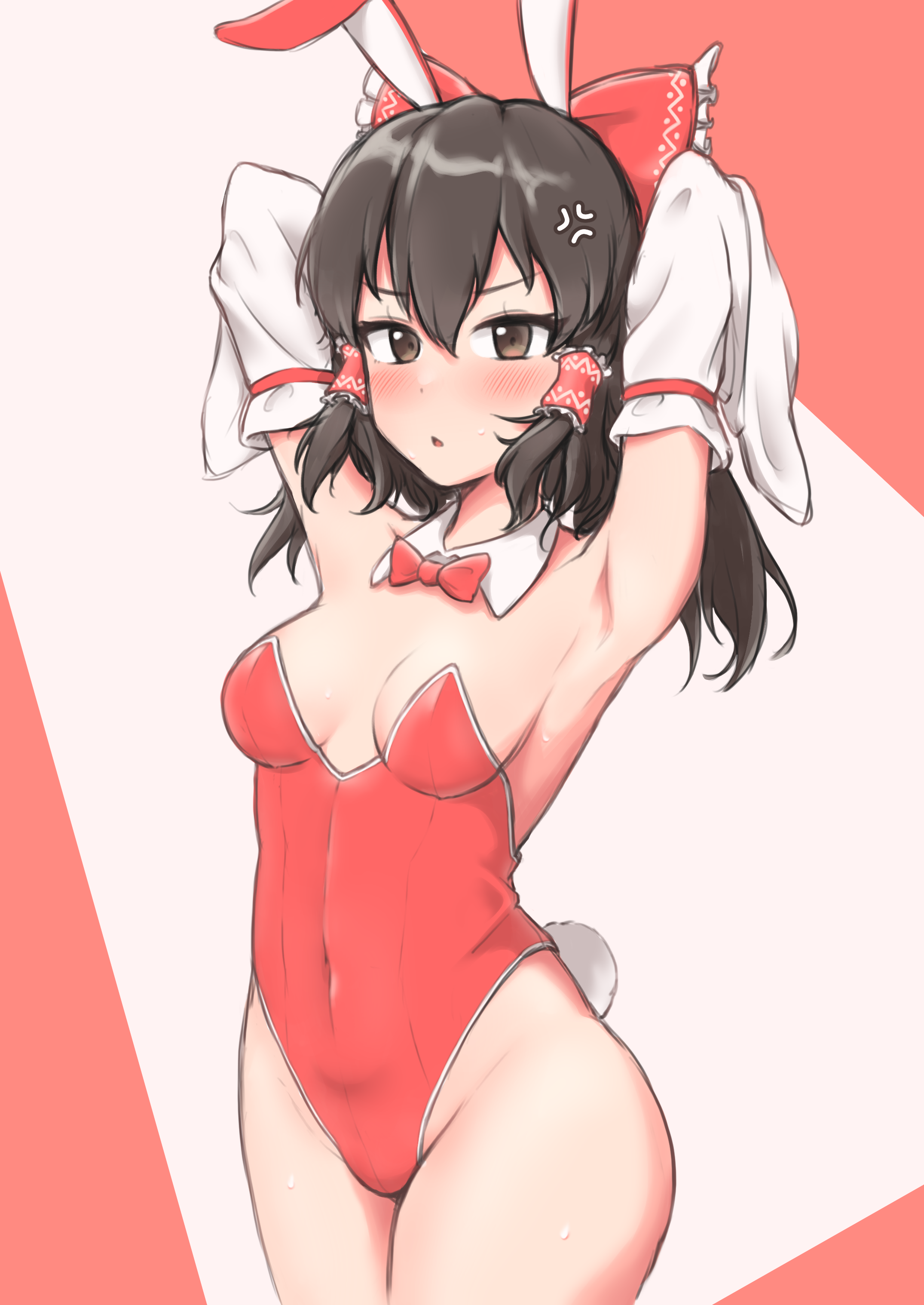 samukaze, hakurei reimu, touhou, absurdres, commentary request, highres, 1girl, anger vein, animal ears, armpits, arms up, blush, bow, bowtie, breasts, cowboy shot, detached collar, detached sleeves, hair bow, hair tubes, highleg, highleg leotard, leotard, long hair, medium breasts, playboy bunny, rabbit ears, rabbit tail, red bow, red bowtie, red leotard, solo, strapless, strapless leotard, tail, traditional bowtie