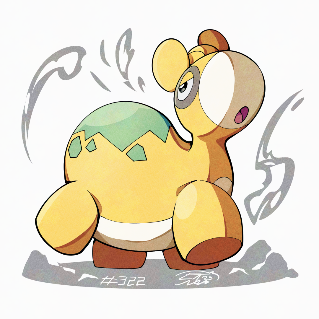 mistray-art, numel, nintendo, pokemon, full body, gen 3 pokemon, numbered, open mouth, pokemon (creature), shirt, signature, simple background, solo, white shirt