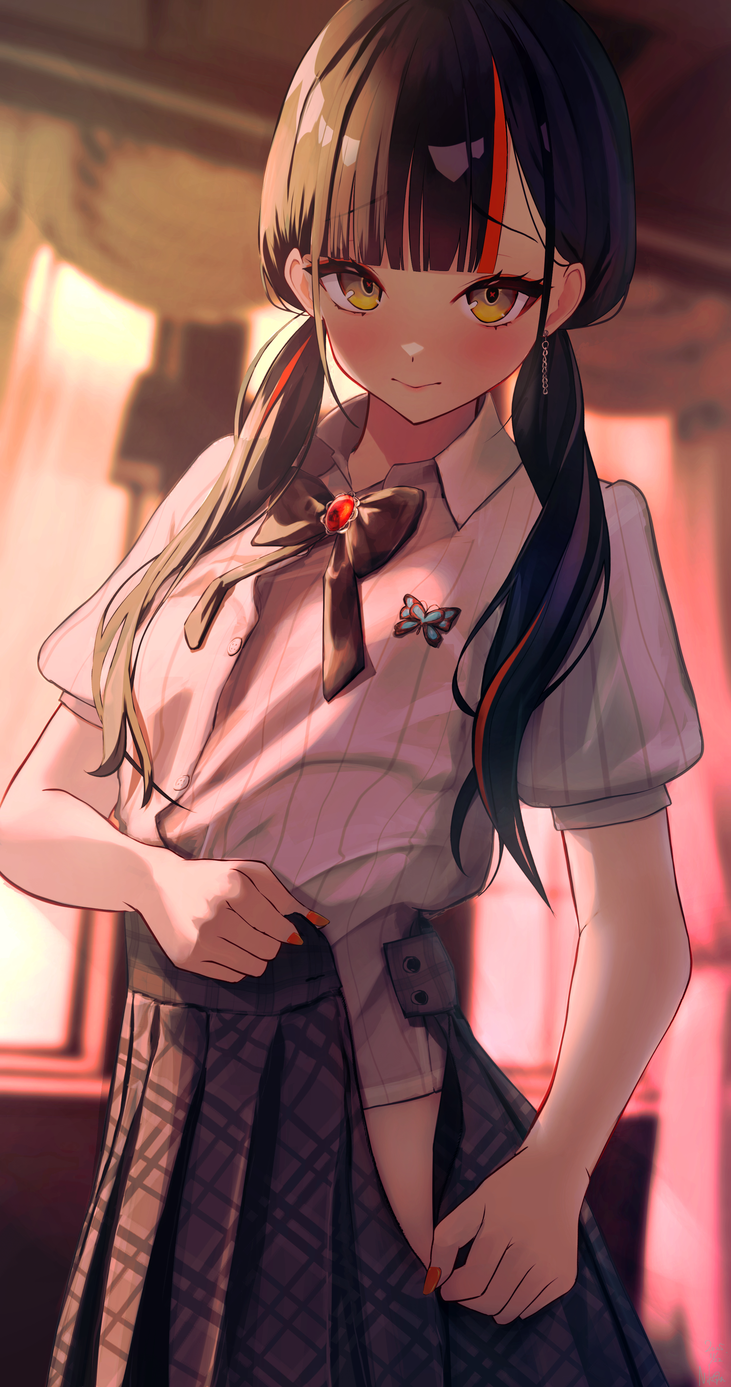 naikon, choya hanabi, vspo!, absurdres, highres, 1girl, backlighting, black bow, black bowtie, black hair, black skirt, blunt bangs, blurry, blurry background, blush, bow, bowtie, brooch, collared shirt, earrings, fingernails, indoors, jewelry, long fingernails, long hair, looking at viewer, low twintails, multicolored hair, nail polish, nervous smile, open clothes, open skirt, plaid clothes, plaid skirt, pleated skirt, red hair, red nails, shirt, skirt, smile, solo, streaked hair, striped clothes, striped shirt, twintails, two-tone hair, undressing, vertical-striped clothes, vertical-striped shirt, virtual youtuber, white shirt, yellow eyes