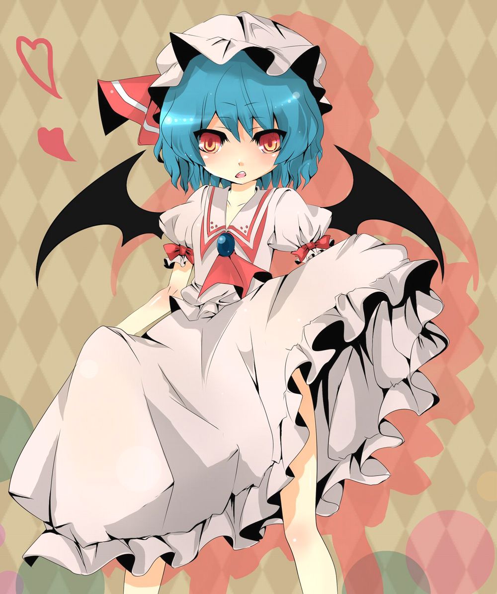 ayuki, kozue, yukibina, remilia scarlet, touhou, bad id, bad pixiv id, 1girl, bat wings, blue hair, clothes lift, dress, dress lift, female focus, hat, heart, red eyes, short hair, solo, wings