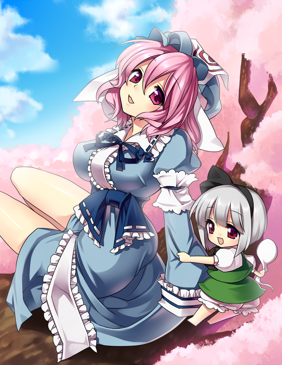 masaru.jp, konpaku youmu, konpaku youmu (ghost), saigyouji yuyuko, touhou, silver hair, bad id, bad pixiv id, 2girls, aged down, cherry blossoms, chibi, female focus, ghost, hairband, hat, multiple girls, pink eyes, pink hair, short hair, sitting