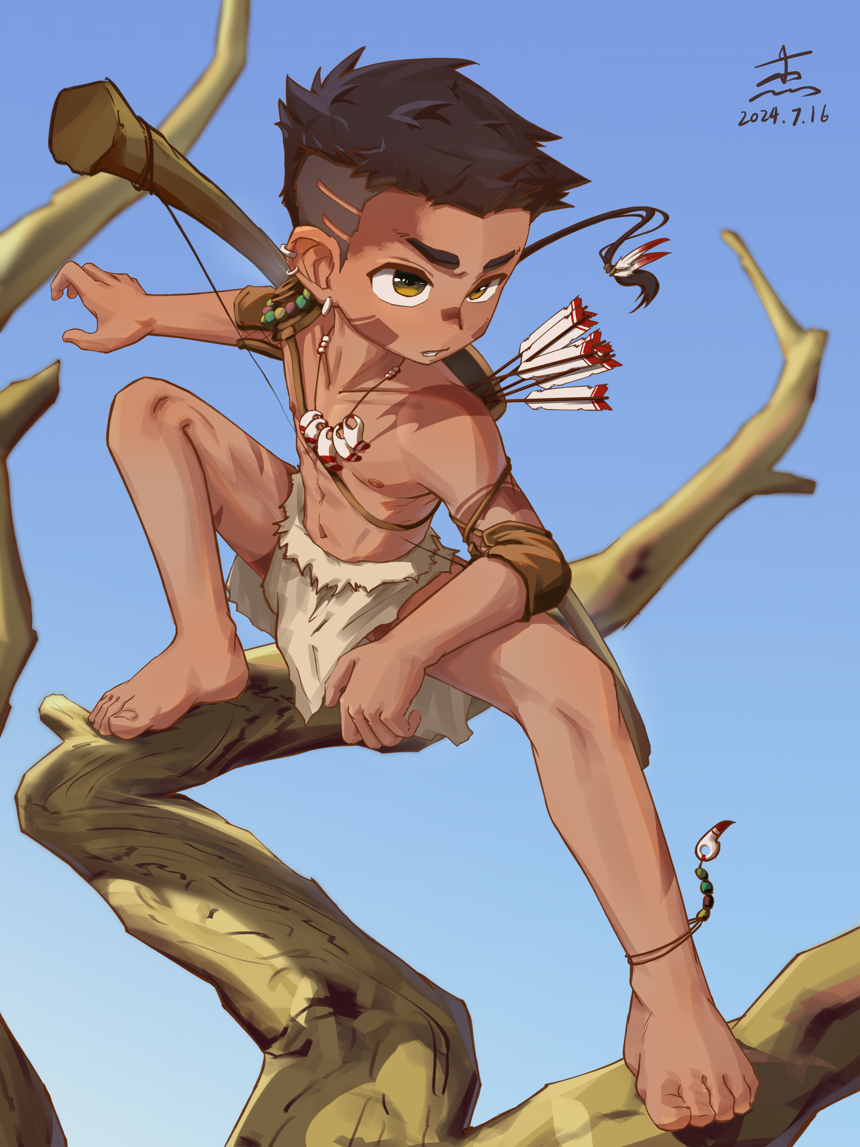 clamjiejiejie, original, 1boy, arrow (projectile), blue sky, bow, branch, earrings, jewelry, loincloth, male focus, necklace, short hair, signature, sky, solo, undercut