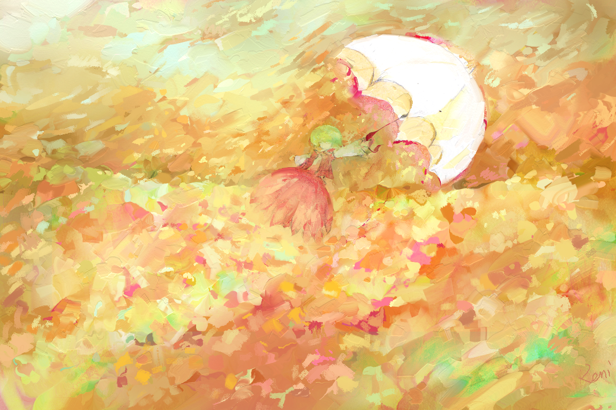 tsuuyakukan reni, kazami yuuka, touhou, 1girl, abstract, faceless, faux traditional media, female focus, flower, green hair, parasol, plaid clothes, plaid vest, skirt, solo, speed painting, umbrella, vest, wind