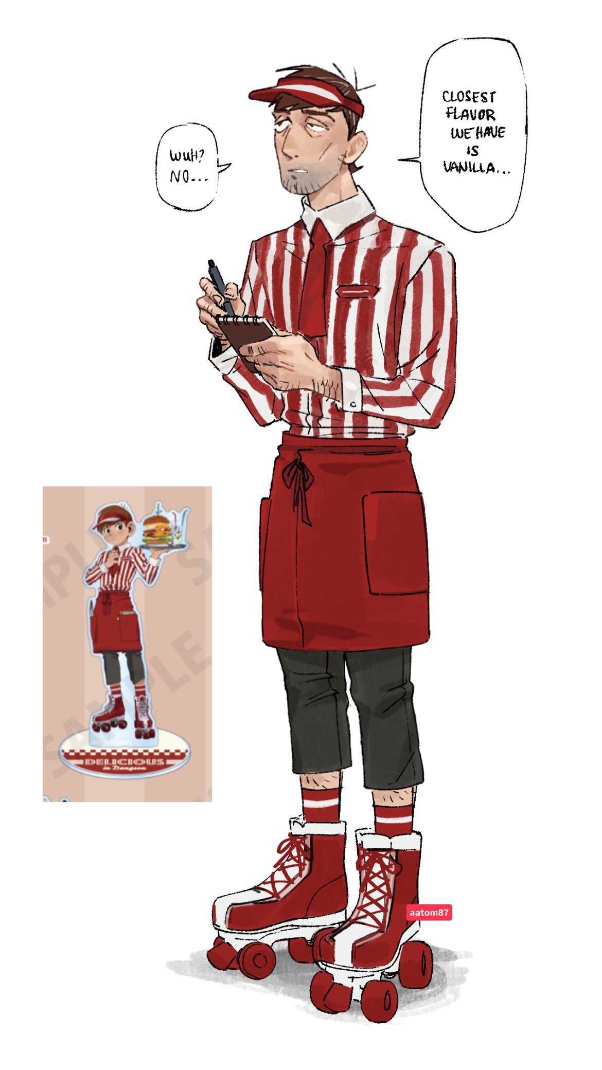 aatom87, chilchuck tims, chilchuck tims (tallman), dungeon meshi, commentary, english commentary, highres, 1boy, apron, arm hair, beard stubble, black pants, brown hair, employee uniform, english text, facial hair, goatee, holding, holding notepad, holding pen, male focus, necktie, notepad, official alternate costume, pants, pen, red necktie, red socks, reference inset, roller skates, shirt, skates, socks, solo, striped clothes, striped shirt, stubble, visor cap, waist apron