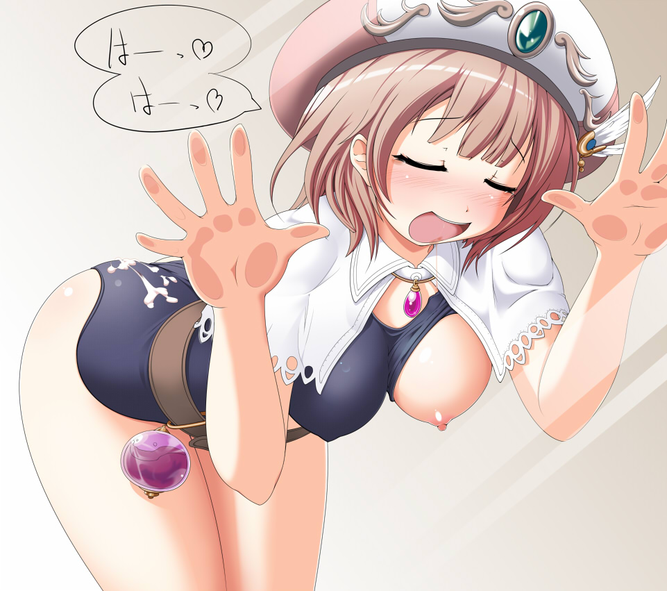 kotatsu (kotatsu3), rorolina frixell, atelier (series), atelier rorona, bad id, bad pixiv id, 1girl, against glass, ass, breasts, breasts out, brown hair, capelet, closed eyes, cum, cum on ass, cum on body, cum on lower body, female focus, glass, hat, large breasts, nipples, one-piece swimsuit, school swimsuit, short hair, solo, swimsuit