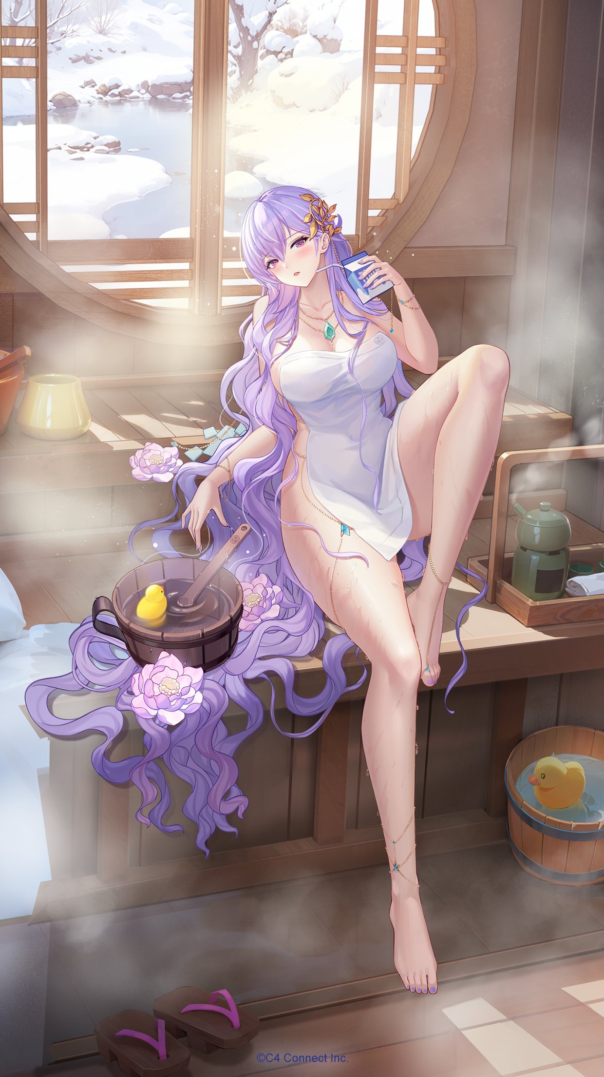 houchi shoujo, character request, flower request, highres, official art, 1girl, :o, barefoot, breasts, bucket, cleavage, collarbone, fingernails, flower, hair ornament, indoors, large breasts, leg up, long hair, looking at viewer, milk carton, nail polish, pale skin, purple eyes, purple flower, purple hair, purple nails, rubber duck, sandals, sauna, sitting, snow, steam, toenail polish, toenails, tree, unworn sandals, very long hair, water, wavy hair, winter
