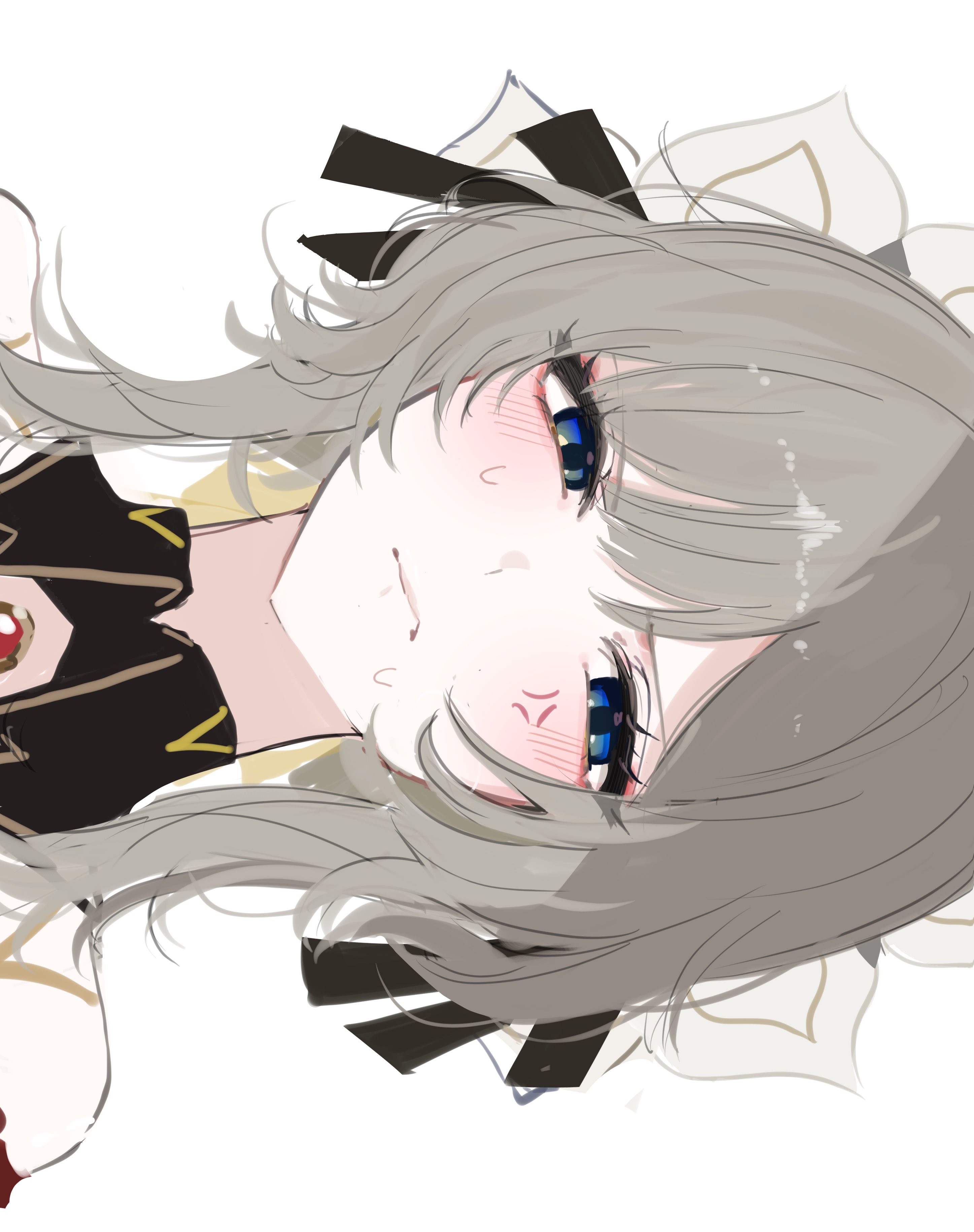 magnet 8 8, sandrone (genshin impact), genshin impact, absurdres, highres, 1girl, anger vein, black collar, blue eyes, blush, braid, bun with braided base, closed mouth, collar, detached collar, gem, headdress, looking at viewer, medium hair, red gemstone, russian clothes, short hair with long locks, simple background, white headdress