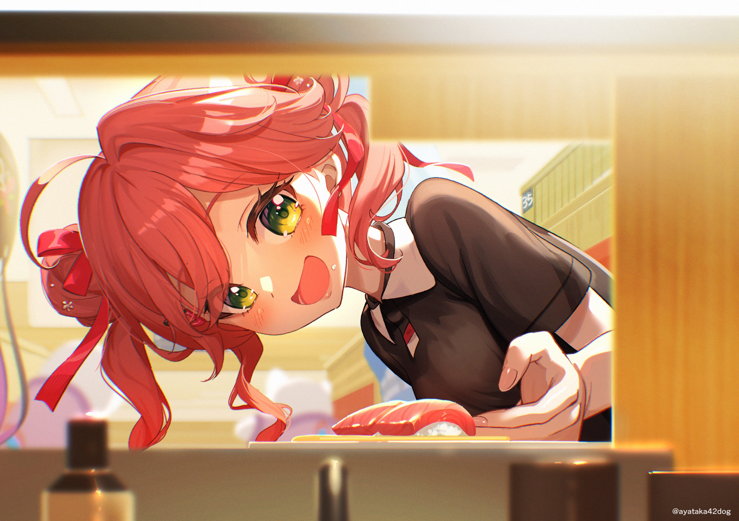 ayataka, sakura miko, hololive, highres, 1girl, :d, ahoge, black shirt, blurry, blush, breasts, depth of field, fish (food), food, food on face, green eyes, hair bun, hair ornament, hair ribbon, hairclip, indoors, leaning forward, long hair, looking at viewer, medium breasts, nigirizushi, open mouth, pink hair, red ribbon, ribbon, shirt, short sleeves, single side bun, smile, solo, sushi, upper body, virtual youtuber
