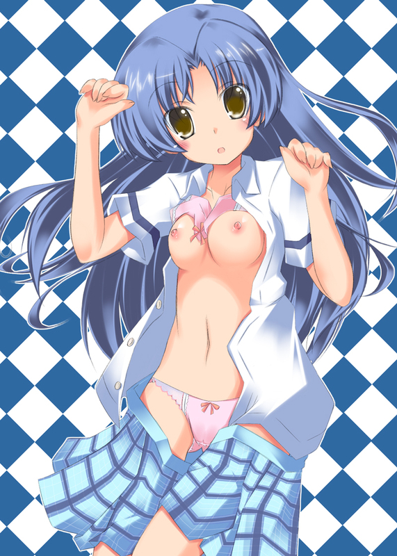 plus9, kisaragi chihaya, idolmaster, idolmaster (classic), 00s, 1girl, blue hair, bra, bra lift, breasts, clothes lift, female focus, lingerie, long hair, navel, nipples, open clothes, open shirt, panties, rough time school, school uniform, shirt, solo, underwear